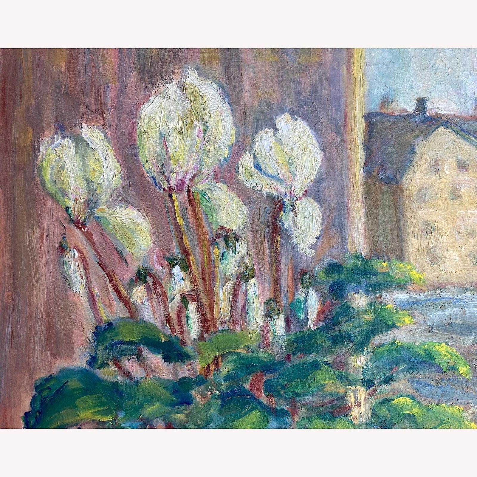 Flowers In The Window   Vintage Scandinavian Oil On Board Painting Of White Cyclamen Flowers In A Pot Dated 1953 Framed Original Swedish Art photo vinterior