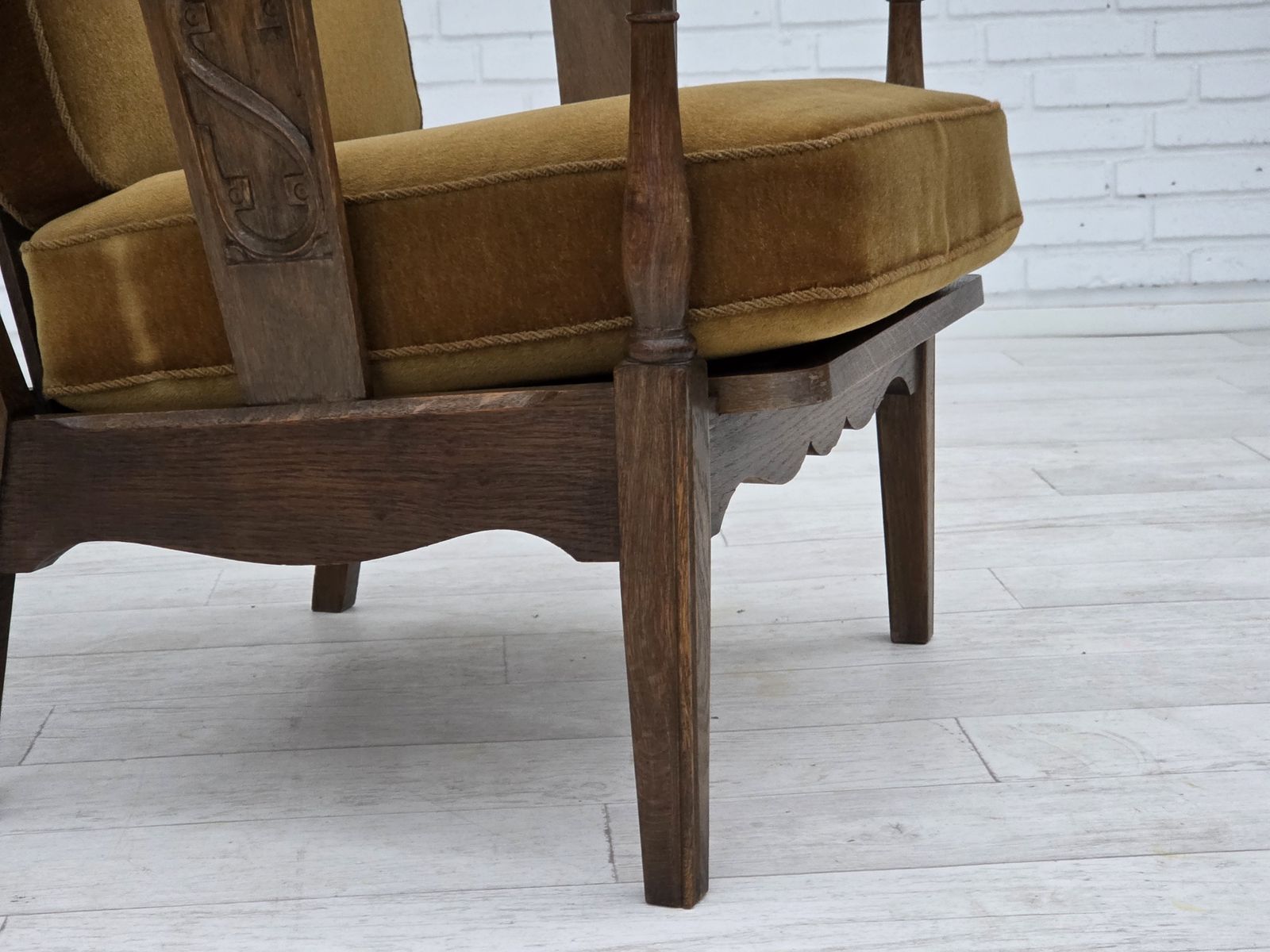 850.0 1950s, Danish Vintage Armchair, Original Green Furniture Velour, Oak Wood. photo