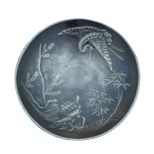 Japanese Metal Bowl Small Crane Turtle Meiji Taisho Hand Engraved Artisan Rare photo 100.0