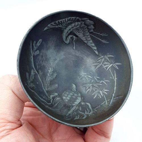Home Decor Japanese Metal Bowl Small Crane Turtle Meiji Taisho Hand Engraved Artisan Rare photo