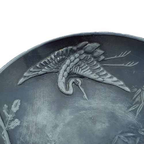 100.0 Japanese Metal Bowl Small Crane Turtle Meiji Taisho Hand Engraved Artisan Rare photo