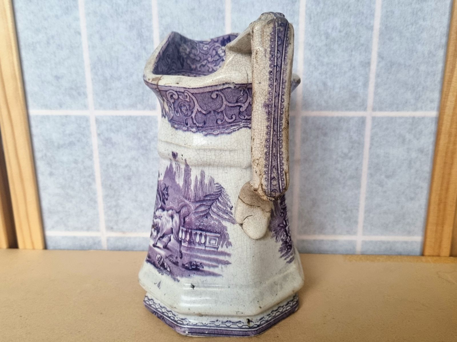1800s Bell & Co Glasgow | Purple Transferware Bull Fighting Pitcher | Victorian Scottish Pottery | Rare Spanish Scene Jug photo vinterior