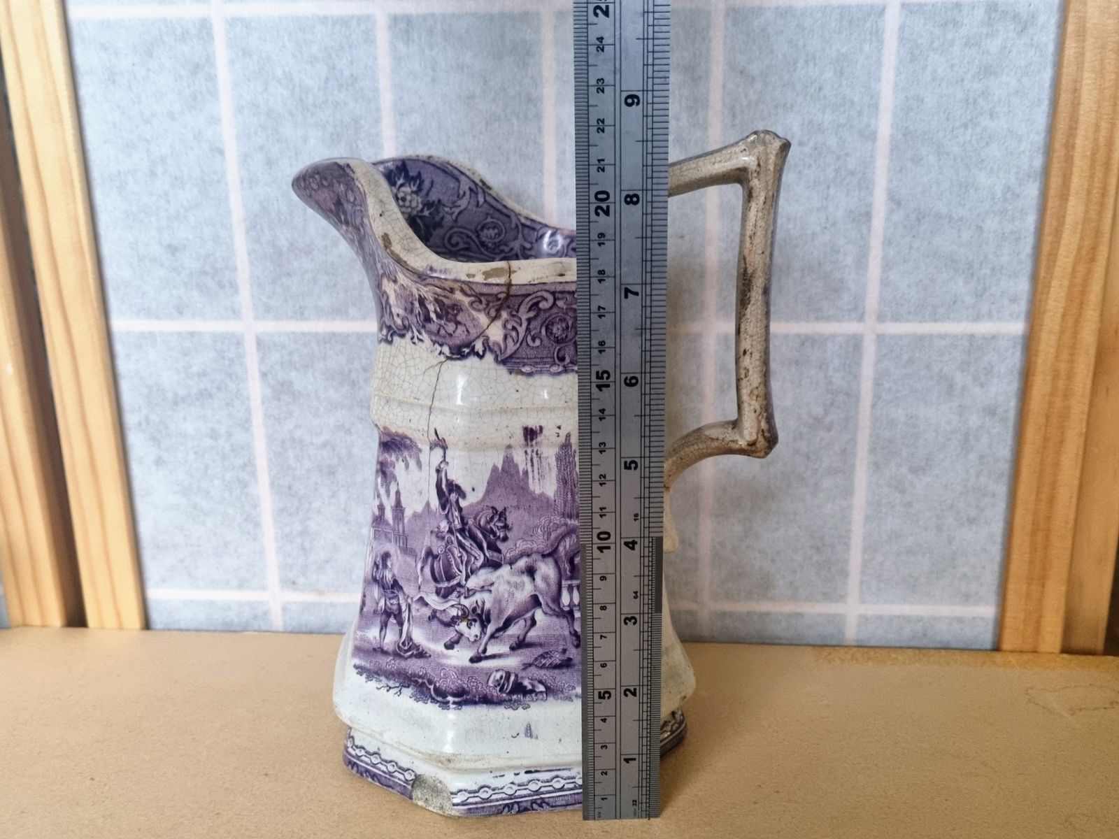1800s Bell & Co Glasgow | Purple Transferware Bull Fighting Pitcher | Victorian Scottish Pottery | Rare Spanish Scene Jug photo buy