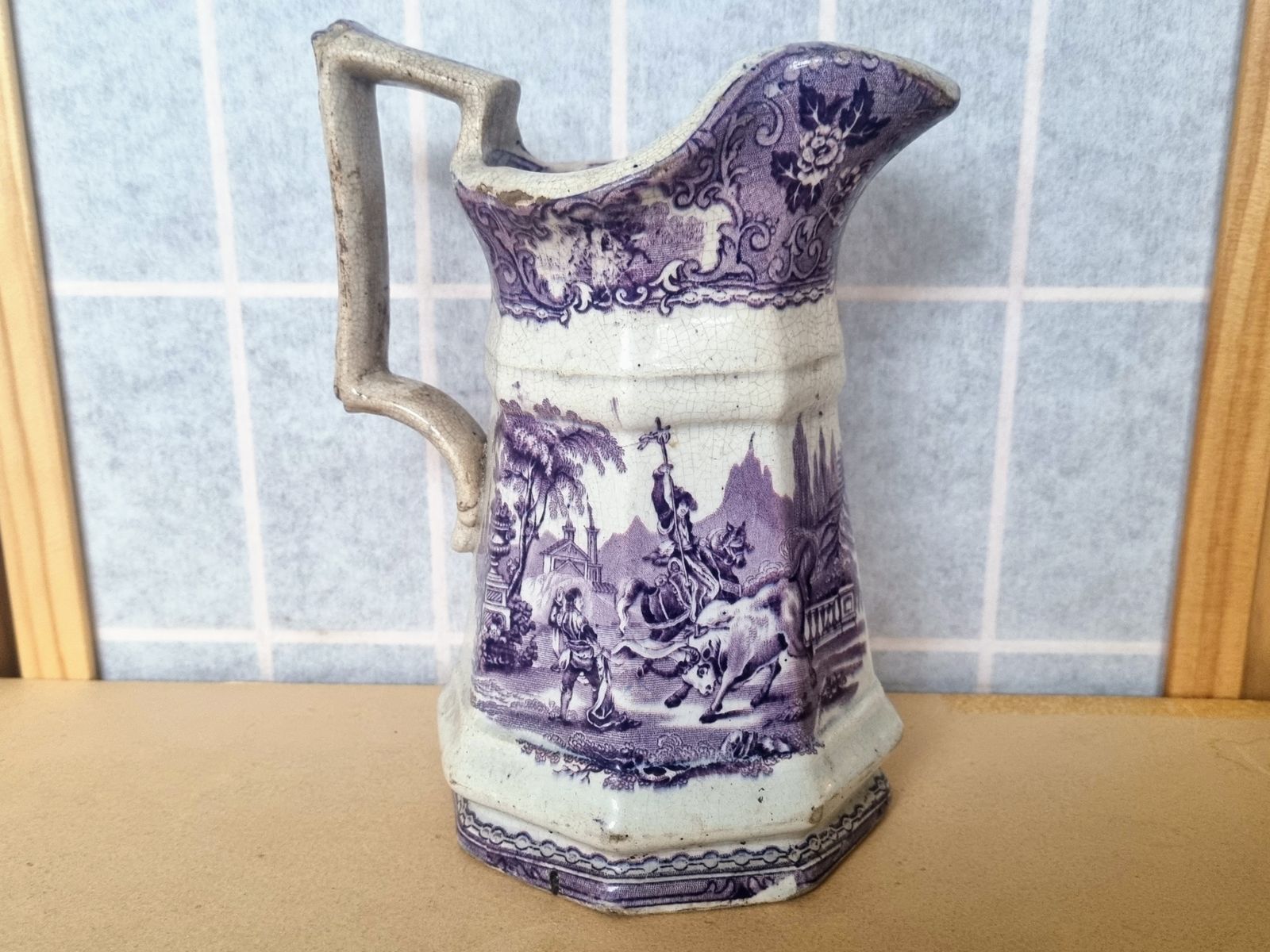 1800s Bell & Co Glasgow | Purple Transferware Bull Fighting Pitcher | Victorian Scottish Pottery | Rare Spanish Scene Jug