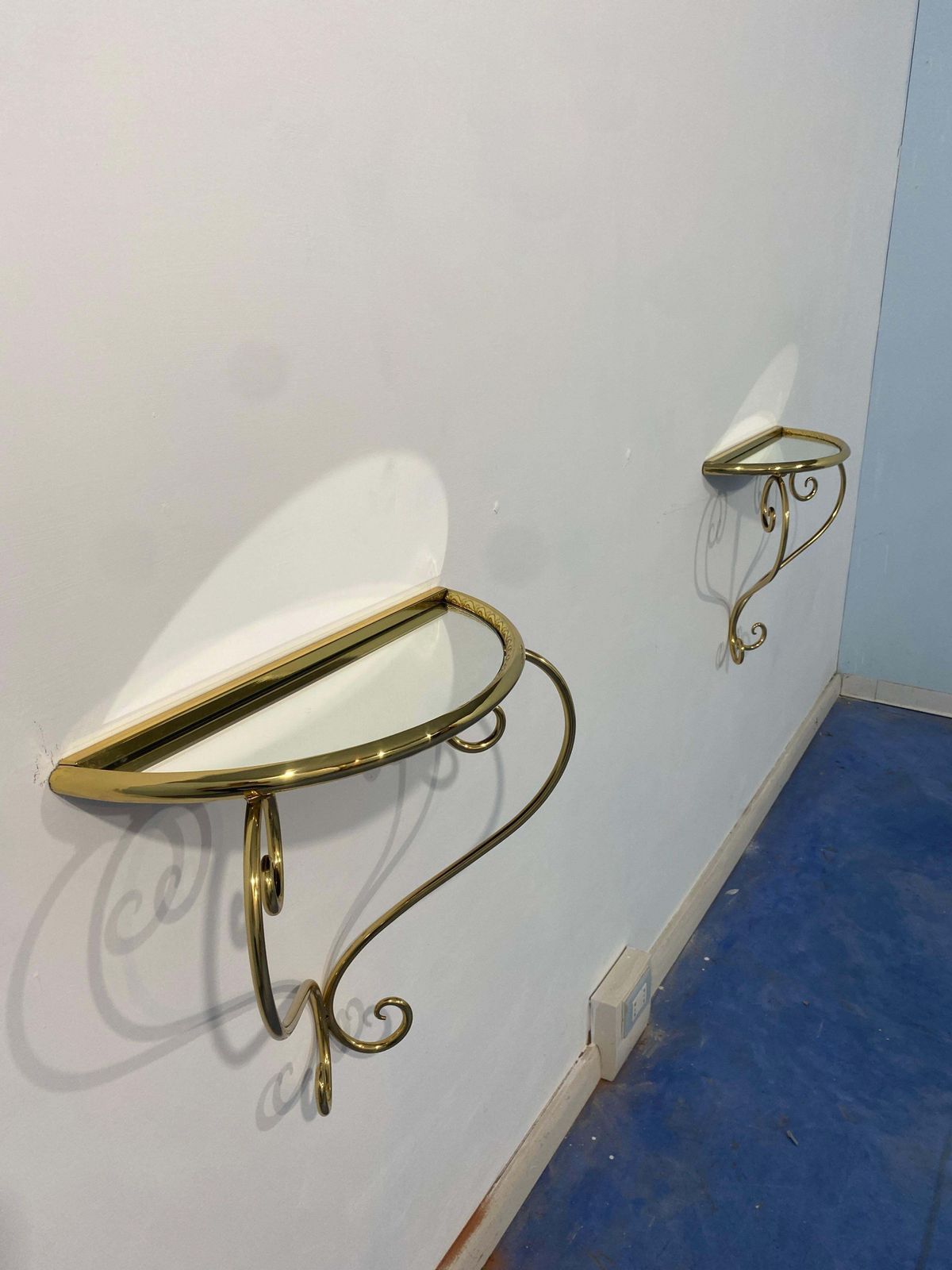 Italian Midcentury Suspended Brass Console, Nightstands, Set Of Two, 1950s photo vintage
