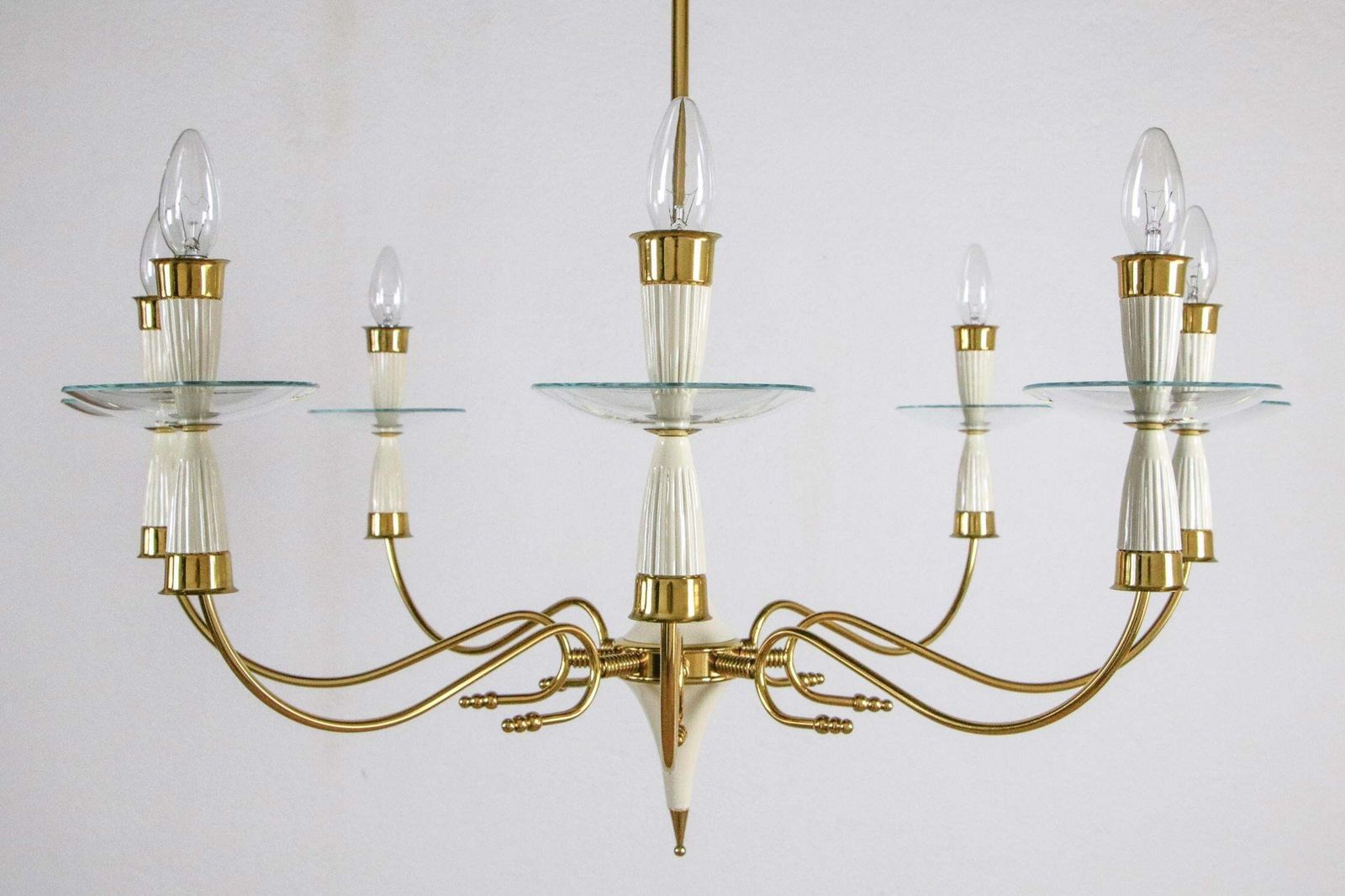 Italian Midcentury Chandelier, 8 Lights, Gold, Ivory Color, Fontana Arte Style photo 3344.0