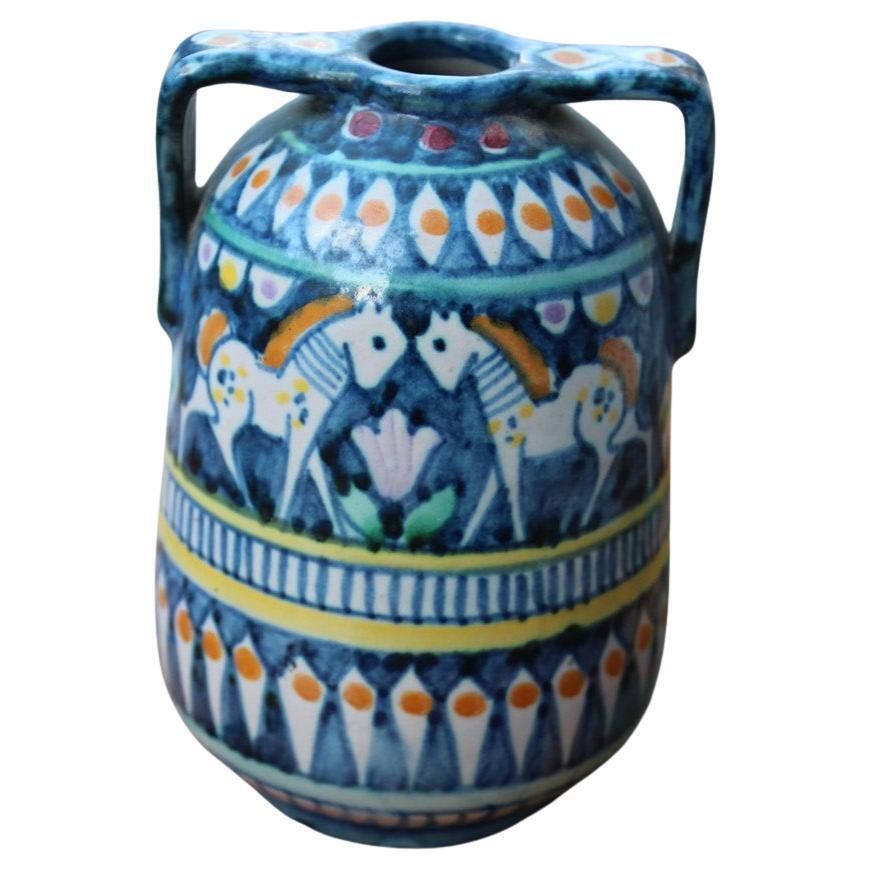 Small Vase In Blue With Horses Avallone Vietri Mid Century Italian Design