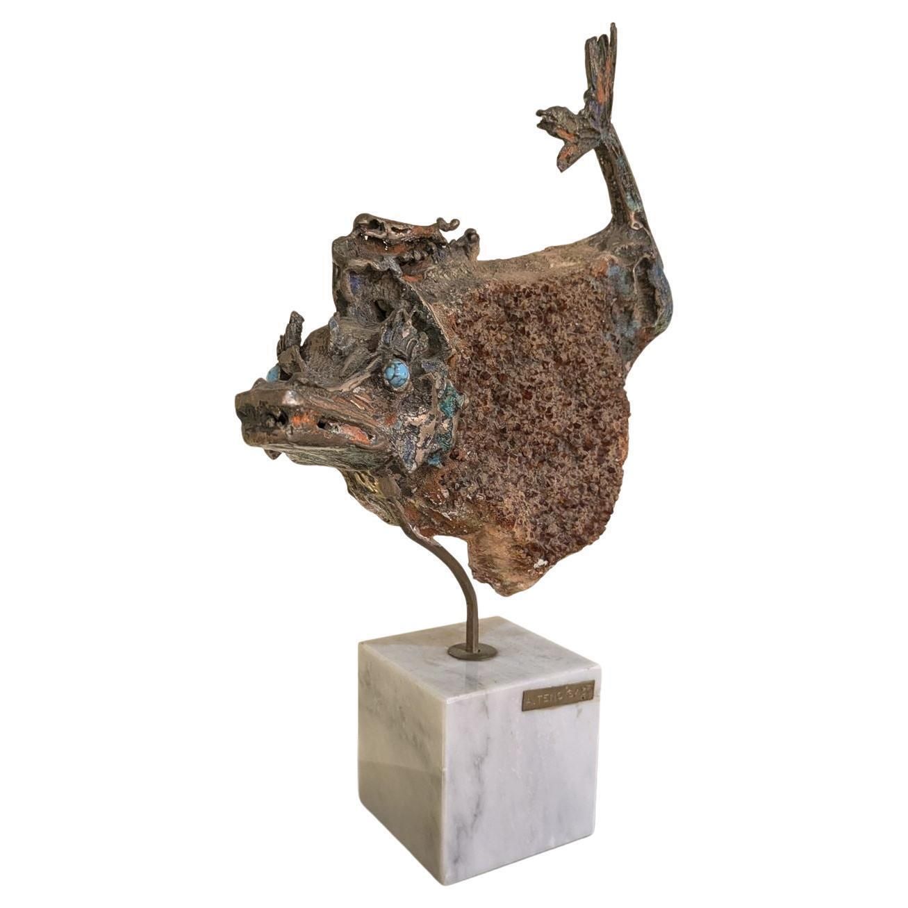Aurelio Teno (1927/2013) Fish Shaped Sculpture, Natural Stone And Bronze