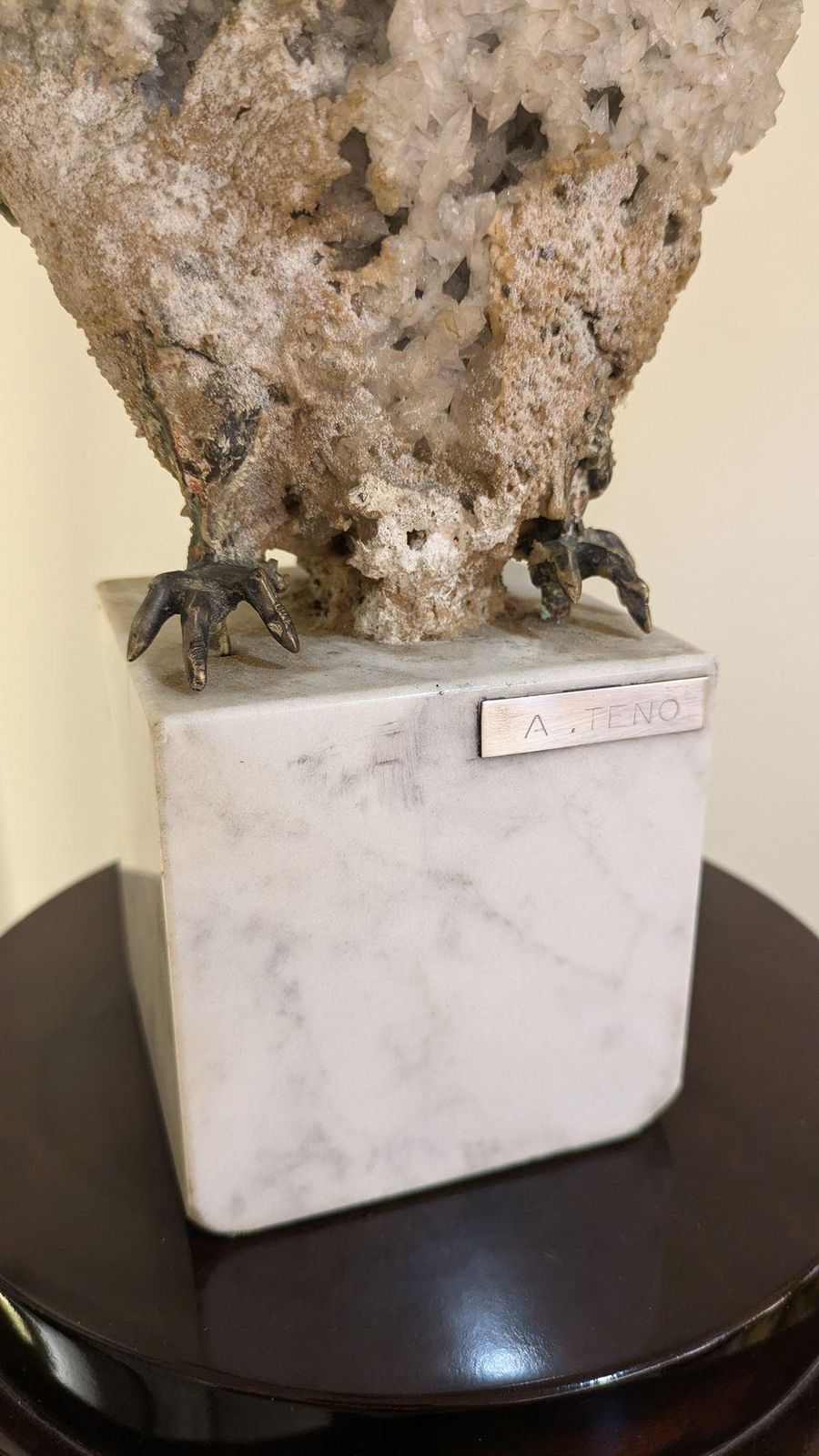 Aurelio Teno (1927/2013) Owl Shaped Sculpture, Natural Stone And Bronze photo vintage