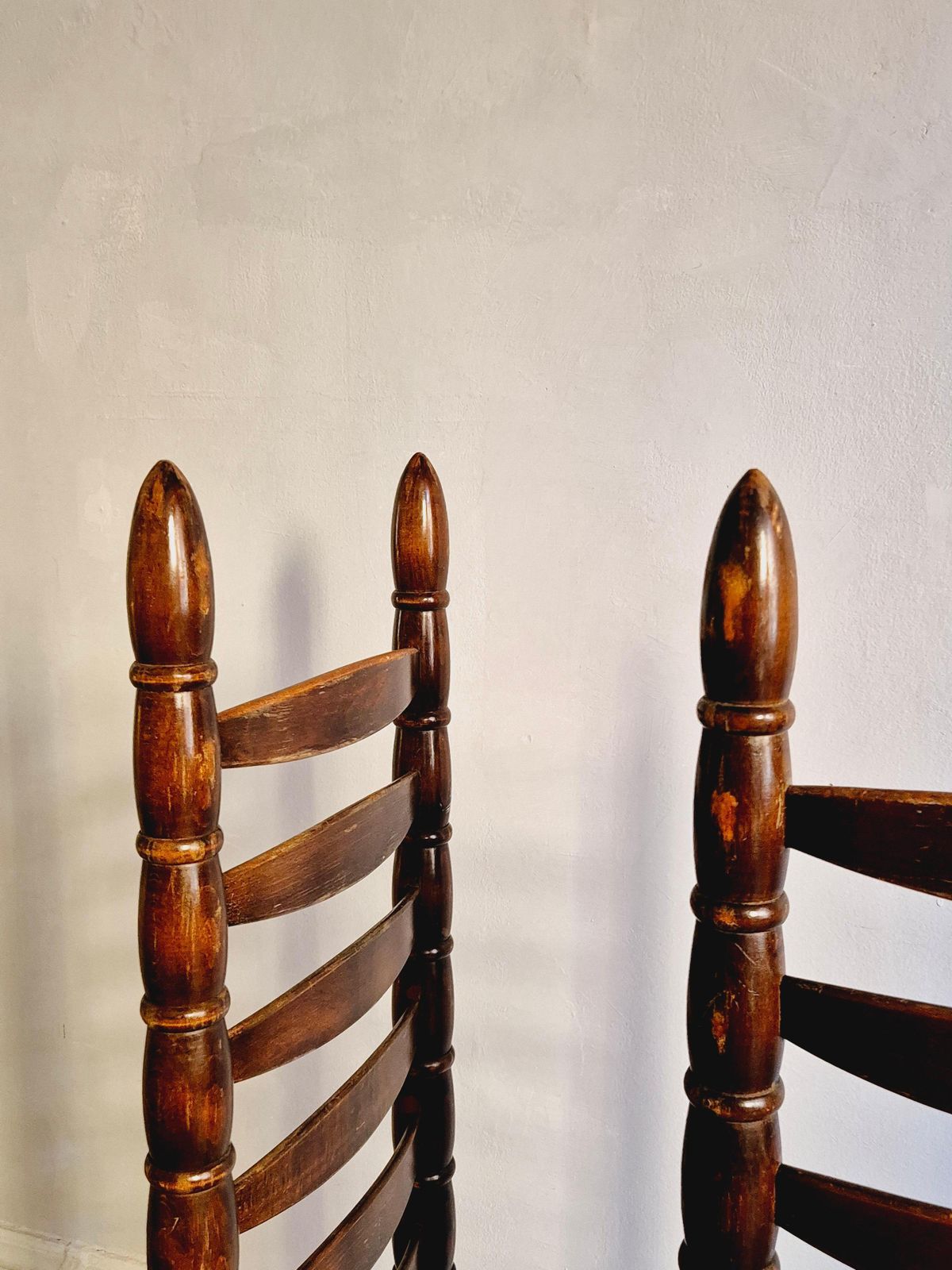 Spanish High Back Ladder Chairs, A Pair, Mid 1900s, Goatskin And Linen Seats. photo buy