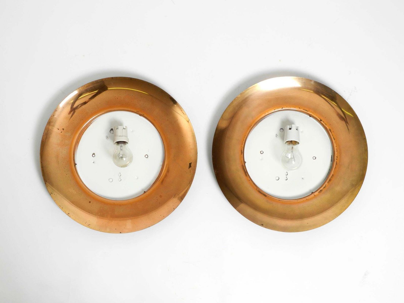 photo vinterior Pair Of Large Mid Century Wall Or Ceiling Lamps Made Of Glass With Copper Plated