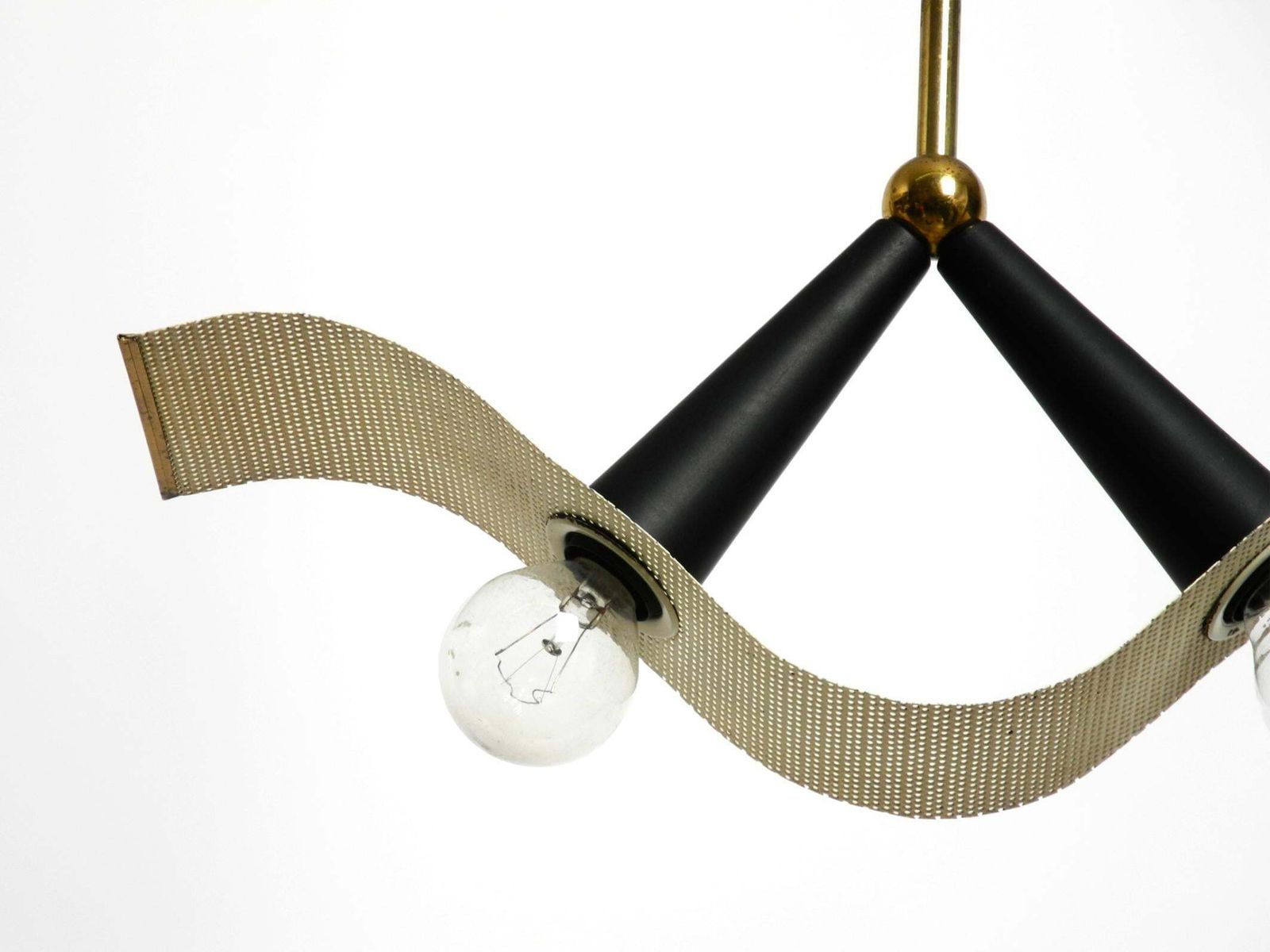 photo vinterior Mid Century Brass Ceiling Cone Lamp With A Curved Perforated Sheet Lampshade