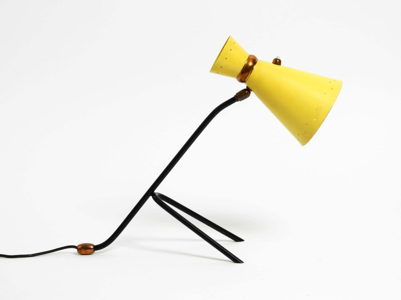 Beautiful Large Mid Century Tripod Table Lamp With Yellow Diabolo Lampshade photo vinterior