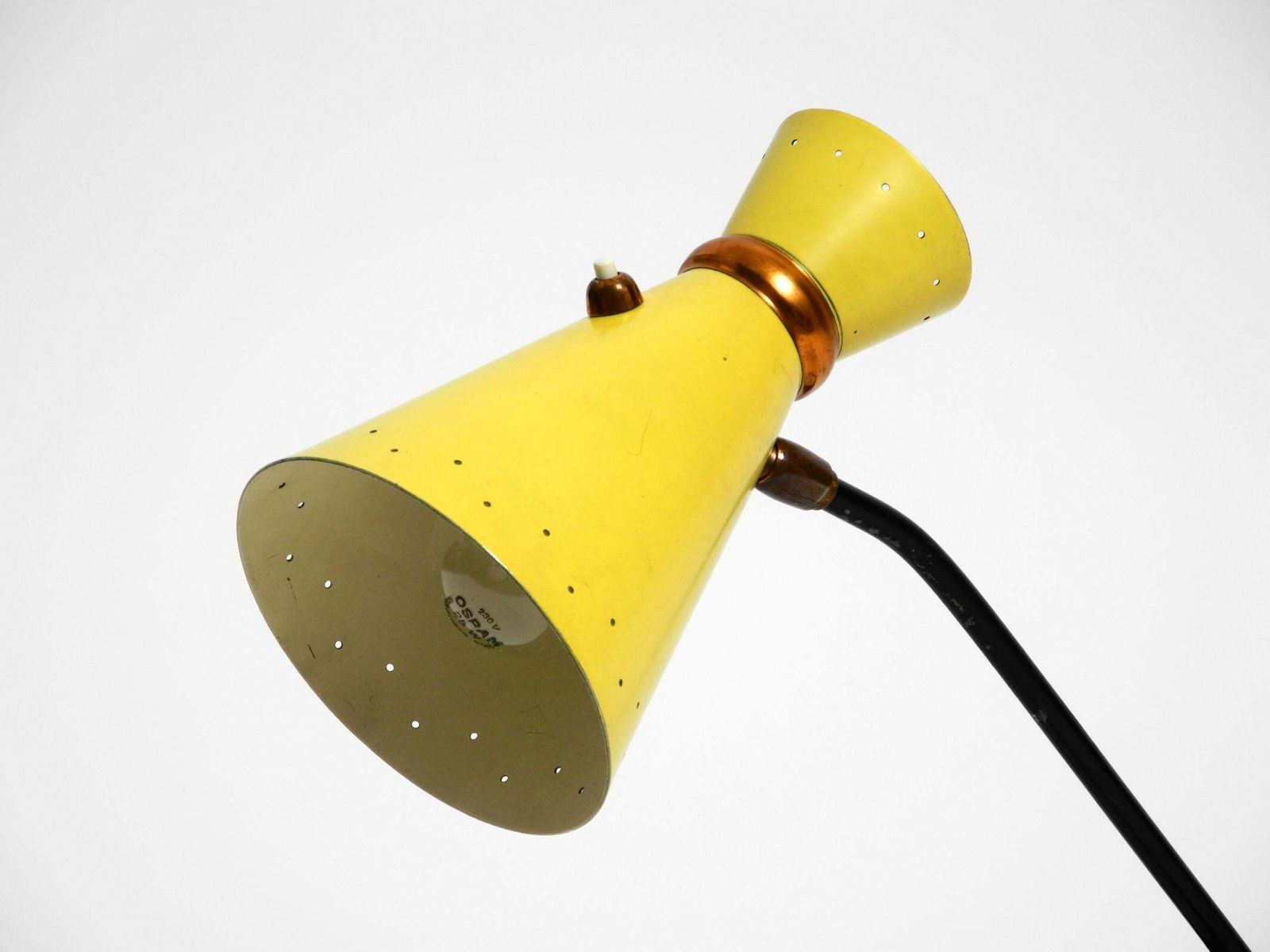 Lighting Beautiful Large Mid Century Tripod Table Lamp With Yellow Diabolo Lampshade photo