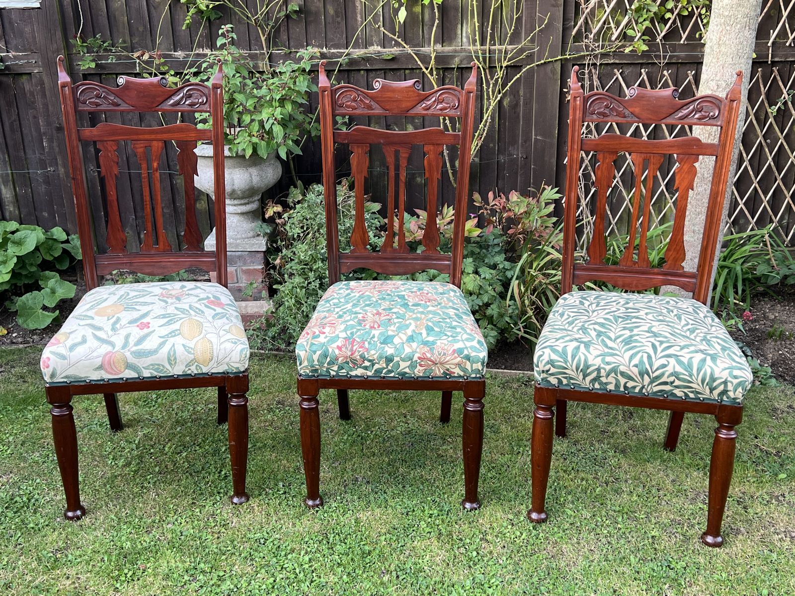 Three Early 20th Century Arts And Crafts Style Chairs Newly Upholstered In Harlequin William Morris Fabric photo for sale