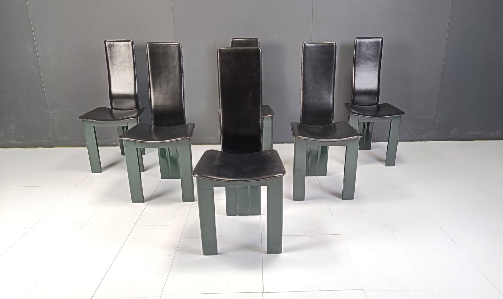 Set Of 6 Italian Leather And Green Lacquer Dining Chairs, 1980s photo Furniture