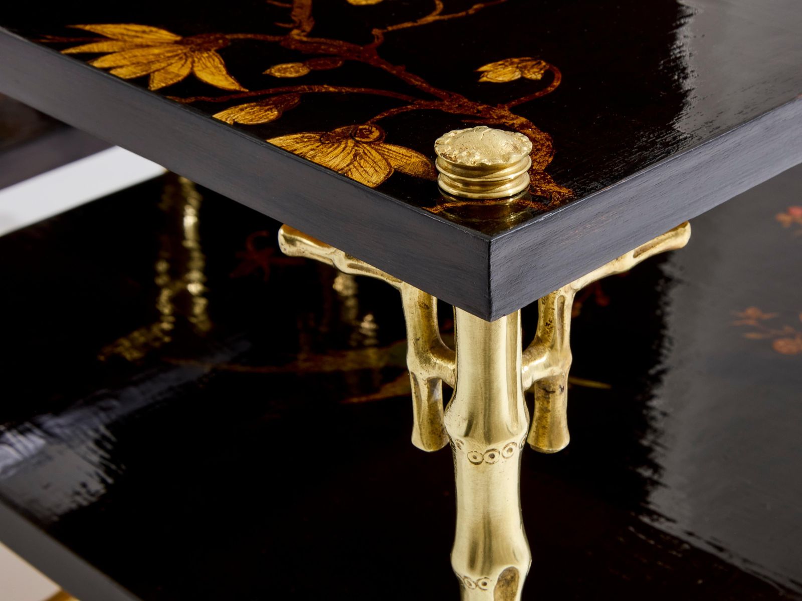 Maison Baguès Bamboo Bronze Chinoiserie Lacquered End Tables 1940s photo vinterior