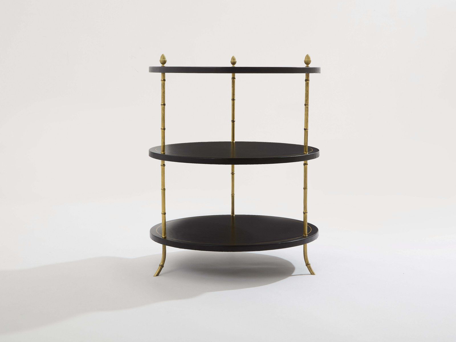 Maison Jansen Three Tier Gueridon Table Bronze Black Leather 1970s photo vintage