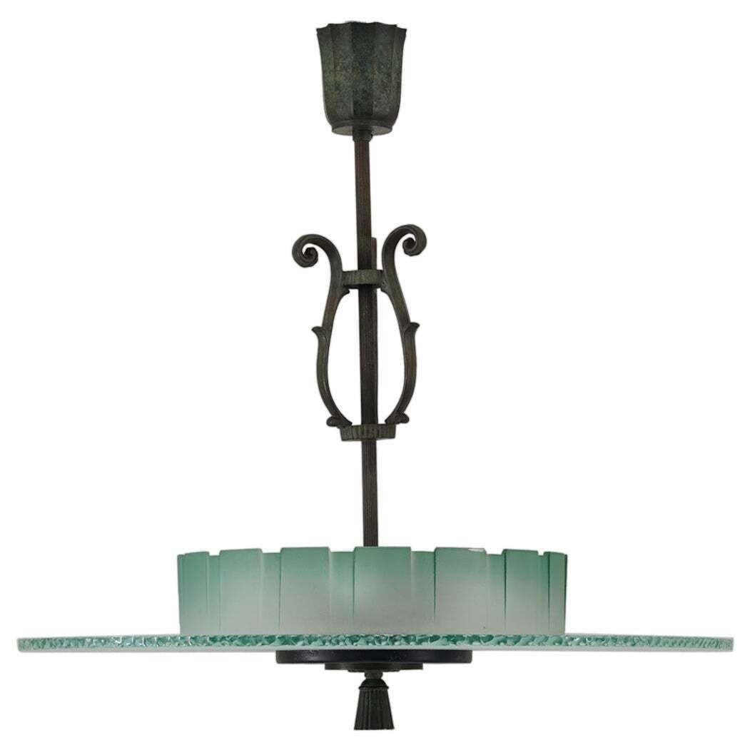 Swedish Art Deco Chandelier In Glass And Patinated Brass