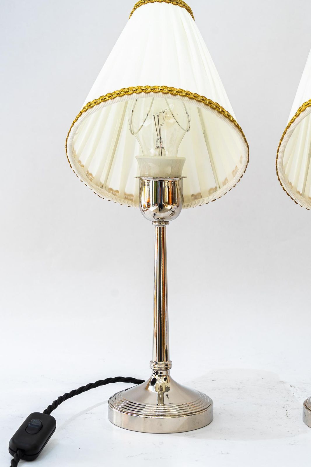 2 Brass Nickel Plated Art Deco Table Lamps With Fabric Shades Vienna Around 1920 photo vinterior