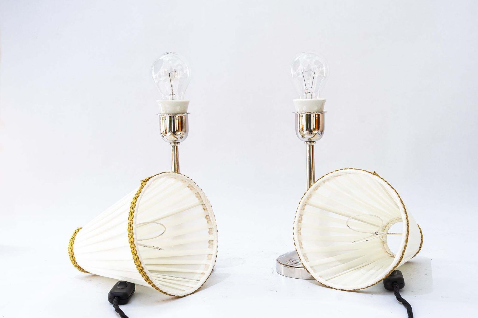 photo vintage 2 Brass Nickel Plated Art Deco Table Lamps With Fabric Shades Vienna Around 1920