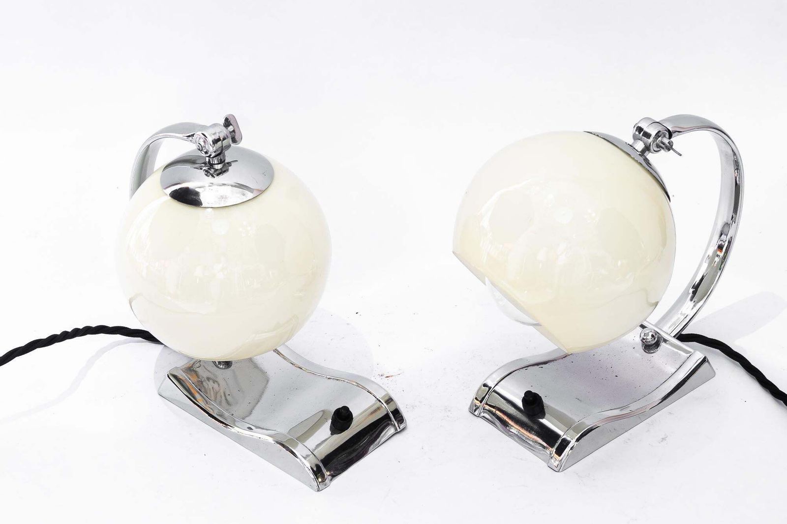 2 Art Deco Chromed Table Lamps With Original Old Glass Shades Around 1920s photo furniture