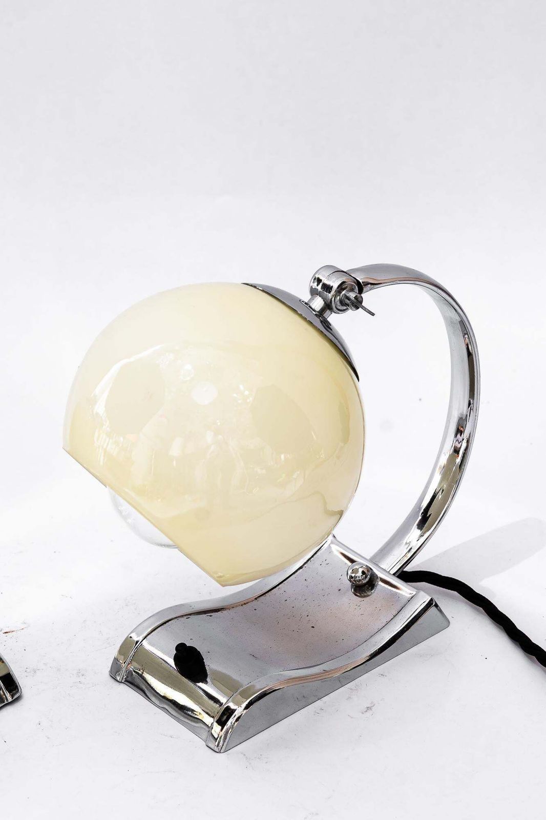 2 Art Deco Chromed Table Lamps With Original Old Glass Shades Around 1920s photo for sale