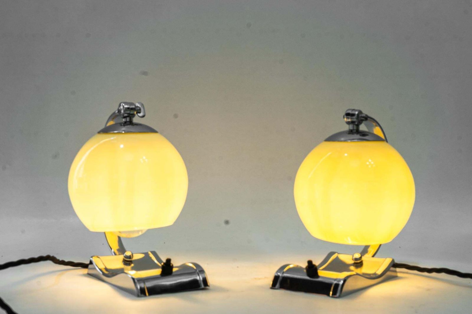 photo furniture 2 Art Deco Chromed Table Lamps With Original Old Glass Shades Around 1920s