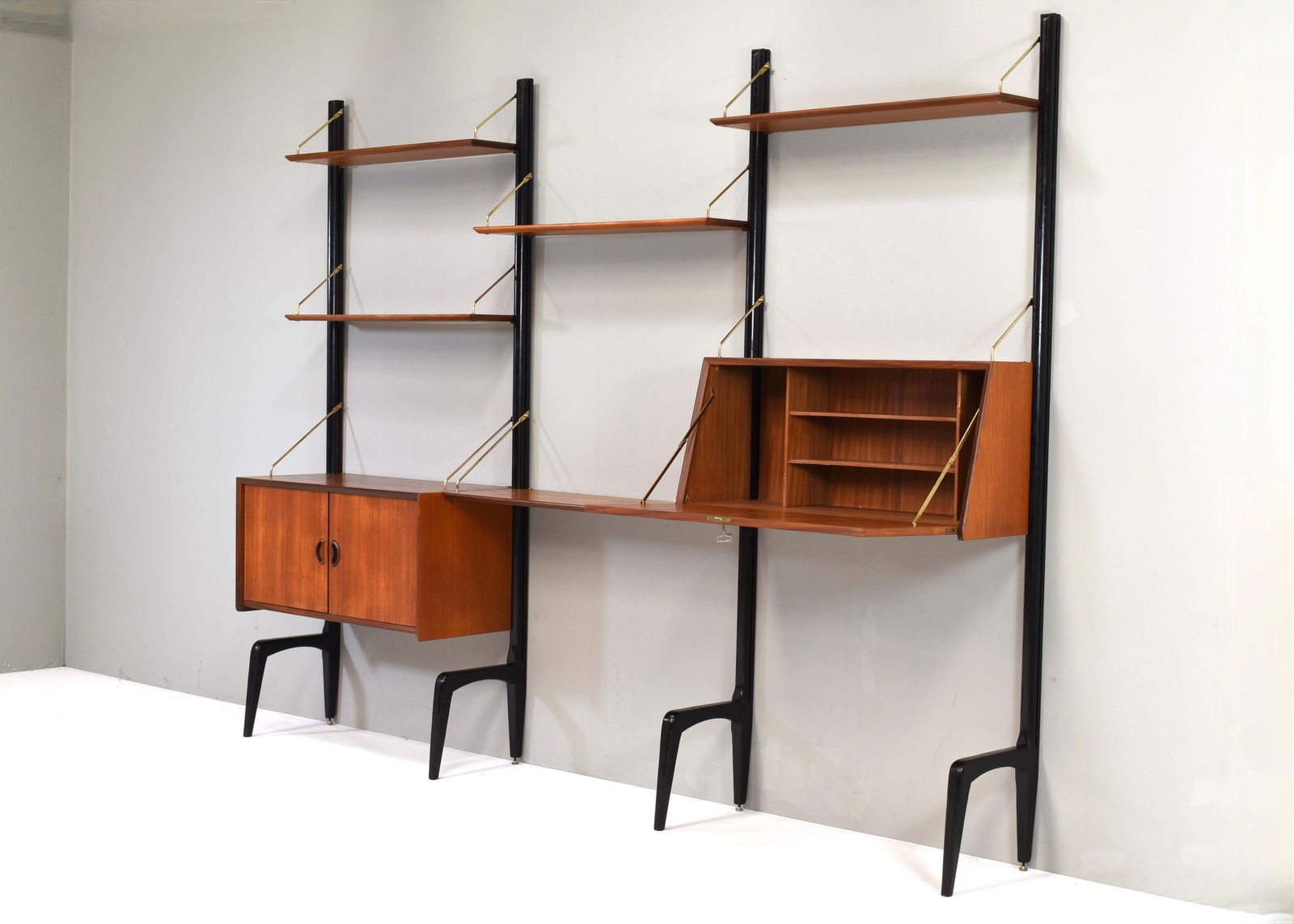 Louis Van Teeffelen Wall Unit In Teak And Brass By Webe, Netherlands, Circa 1950 photo for sale