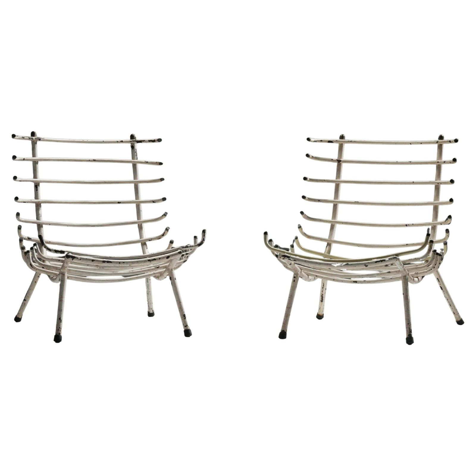 Set Of Two White Rib Chairs In Metal And Brass, Brazil, 1950's