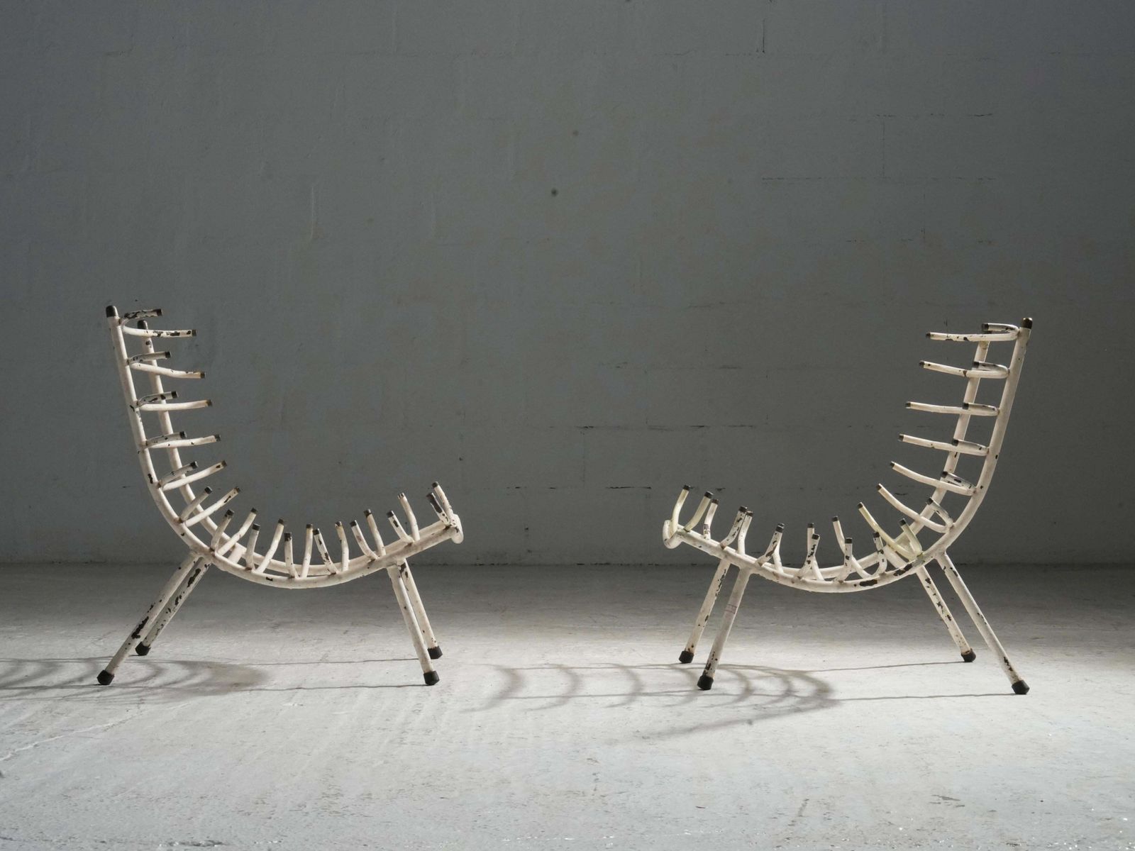 Set Of Two White Rib Chairs In Metal And Brass, Brazil, 1950's photo for sale