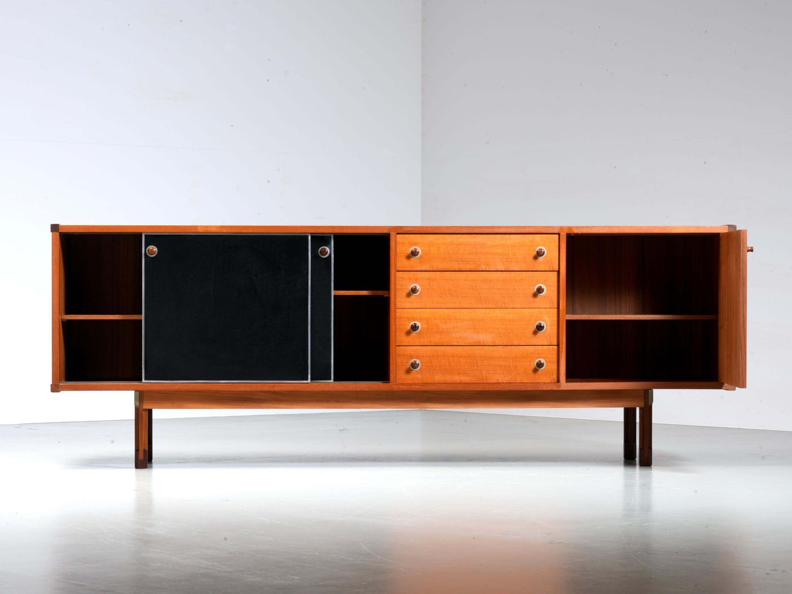 Italian Sideboard In Teak, Metal And Black Laminate, 1960's photo vintage