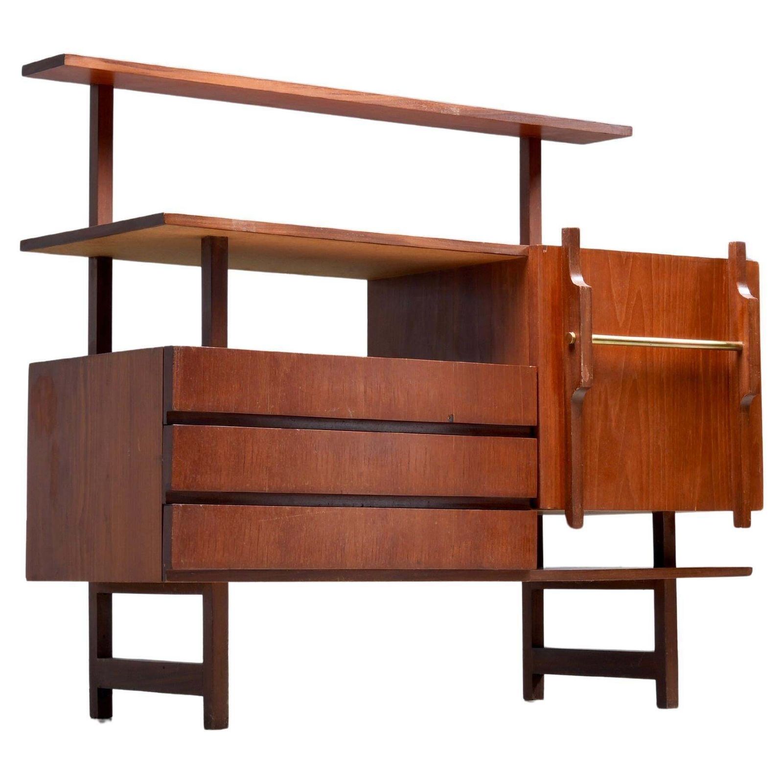 Geometrical Credenza In Wood And Brass, Italy 1960's