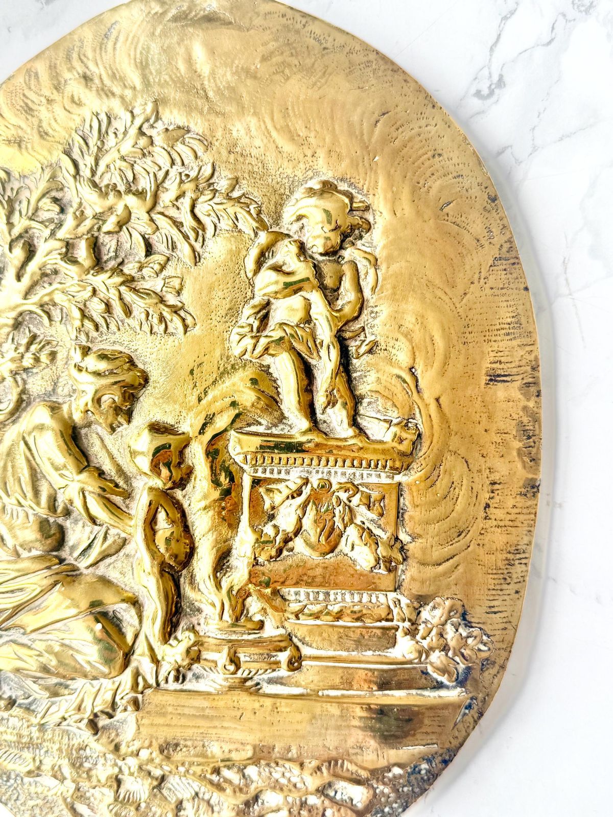 Antique Large Oval Cast Brass Bas Relief Depicting Offering To Love Cupid Rococo Pompadour French Style Tribute To Love Pair Hanging Plaque photo buy