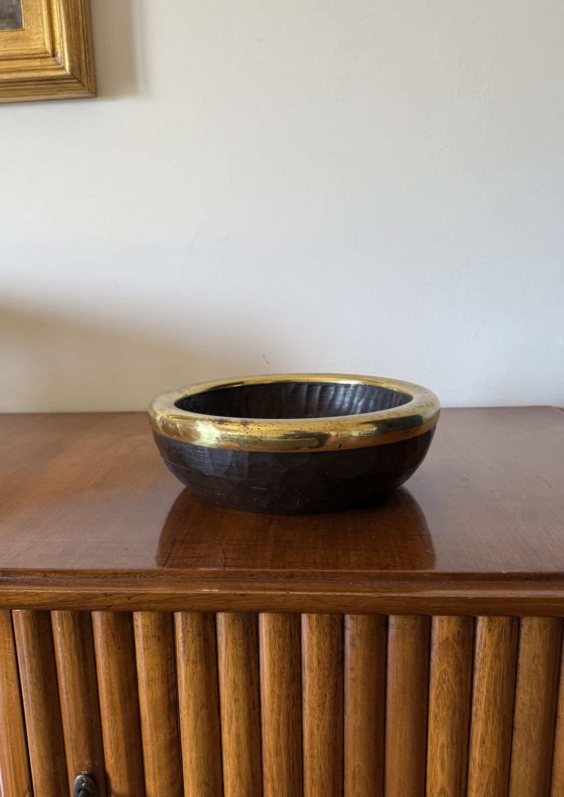 Mid Century Brass And Wood Bowl, Italy 1970s photo for sale