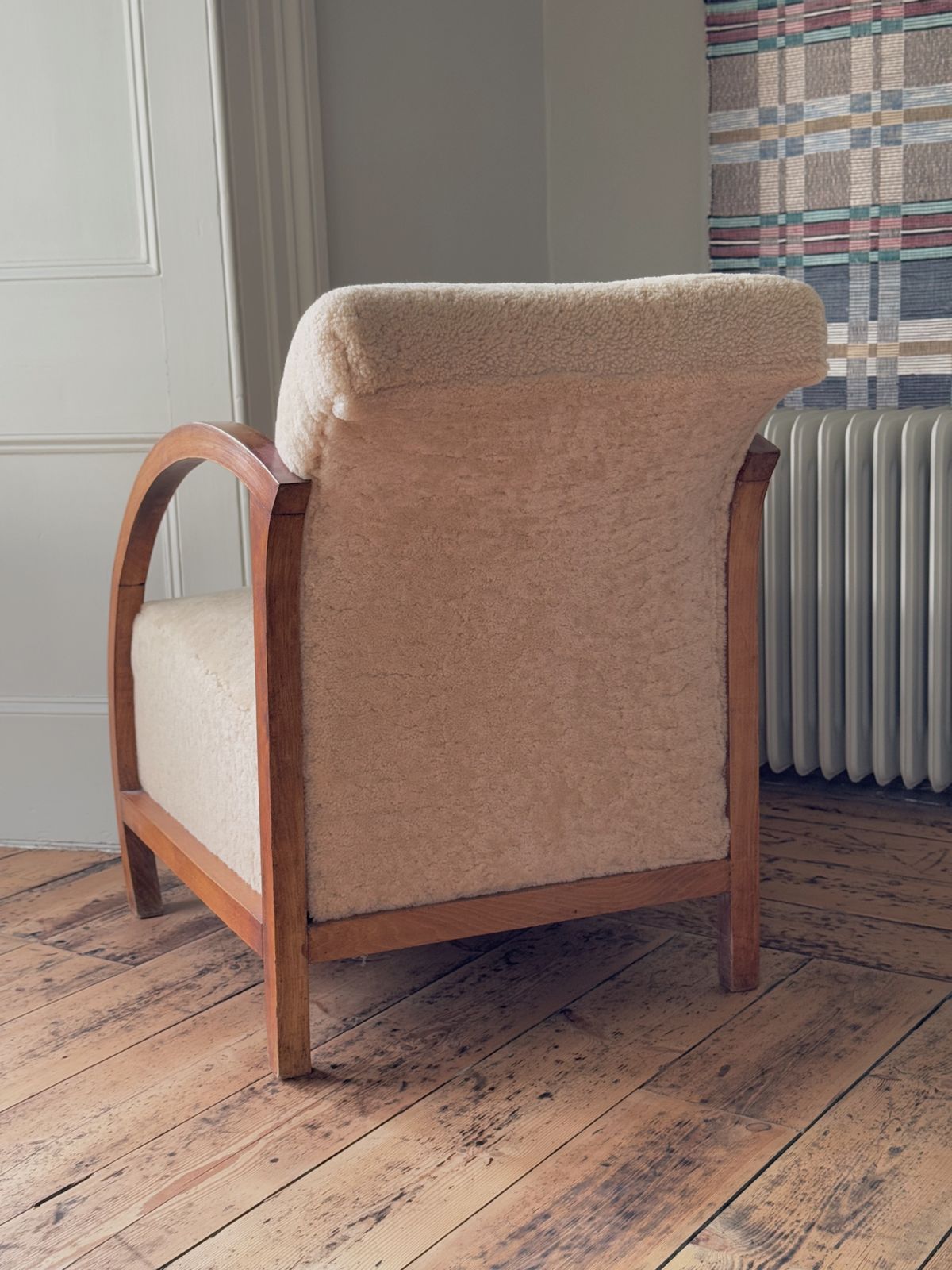 Danish Art Deco Wooden Armchair Reupholstered In Genuine Cream Sheepskin photo 1700.0