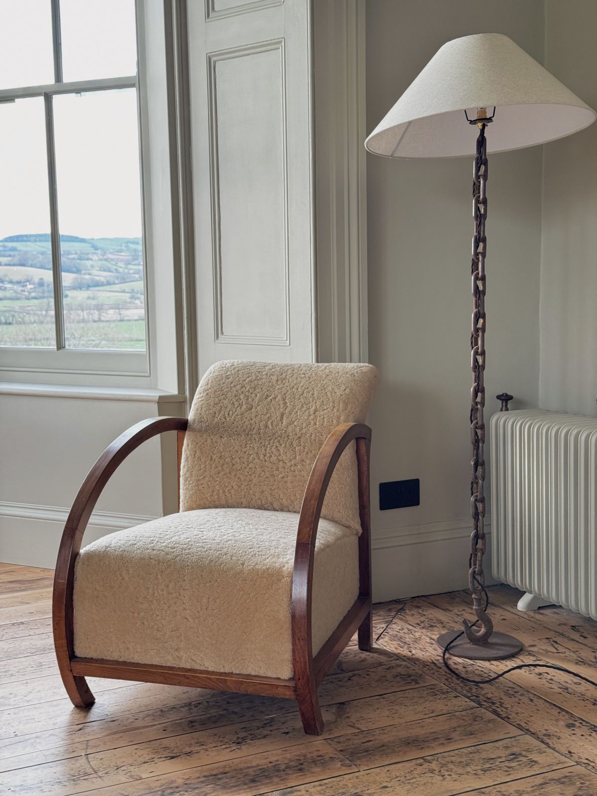Danish Art Deco Wooden Armchair Reupholstered In Genuine Cream Sheepskin photo furniture