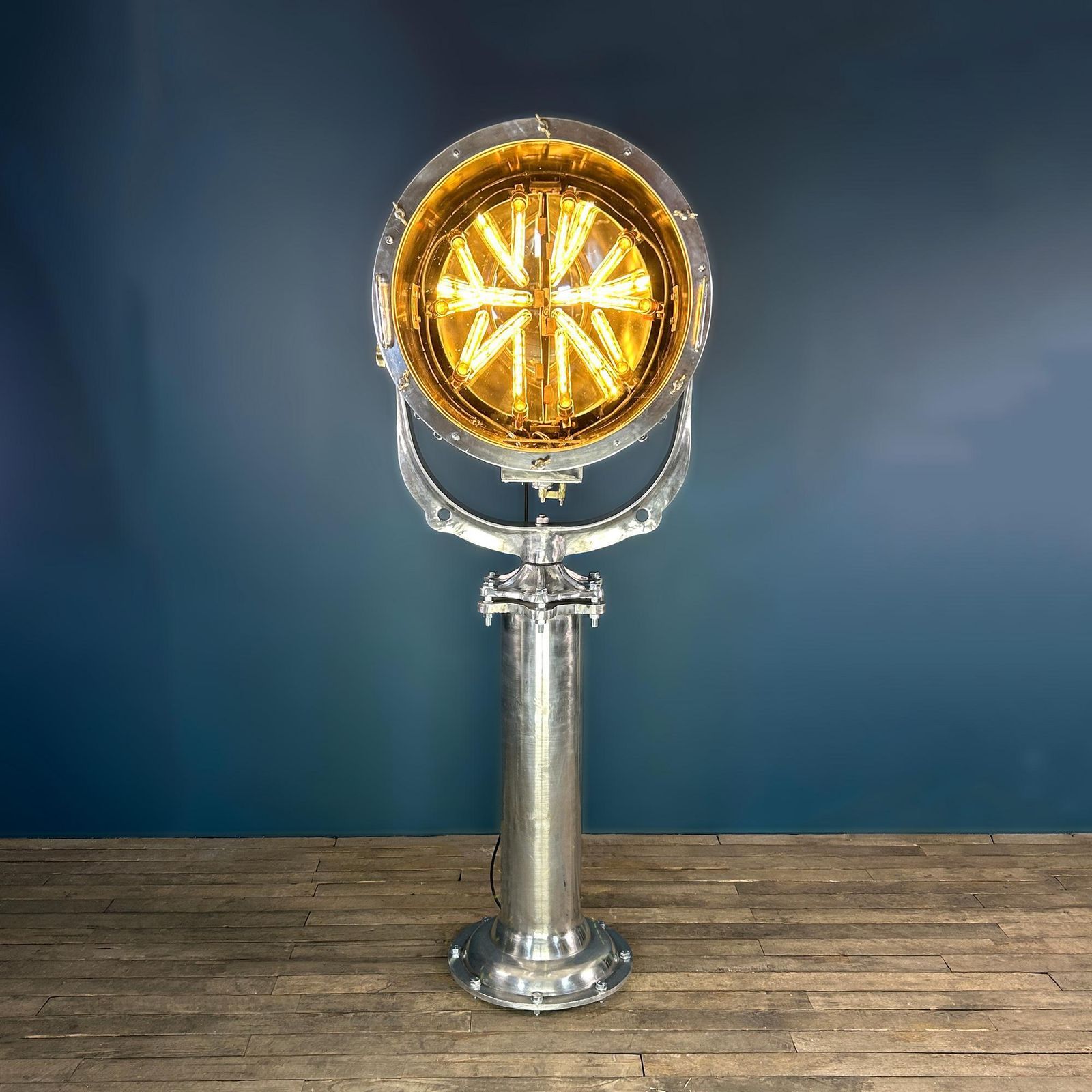 Late Century Industrial Stainless Steel Marine Floor Standing Searchlight photo furniture