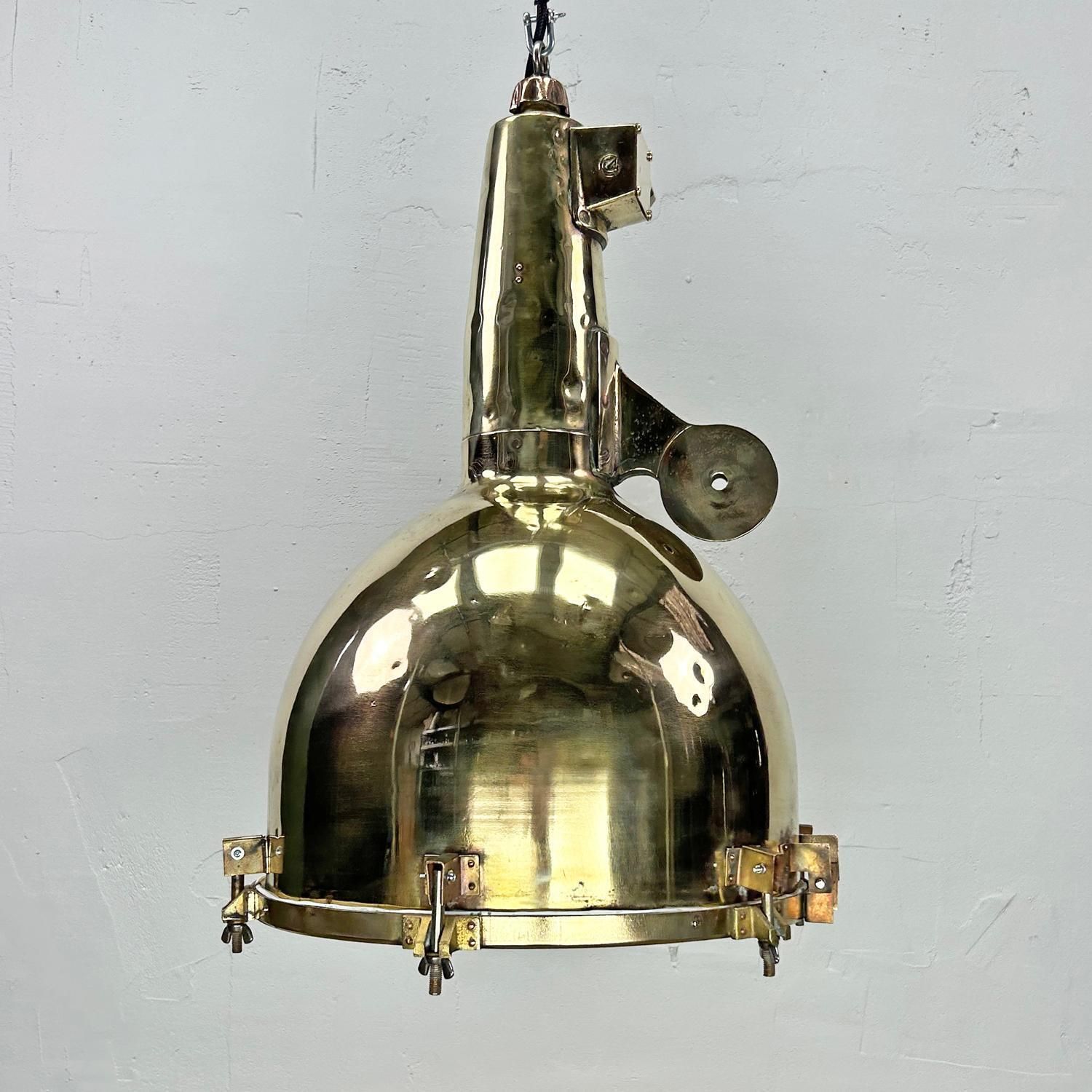 1970's Xl Japanese Brass Marine Nautical Searchlight Pendant Ceiling Lamp photo vinterior