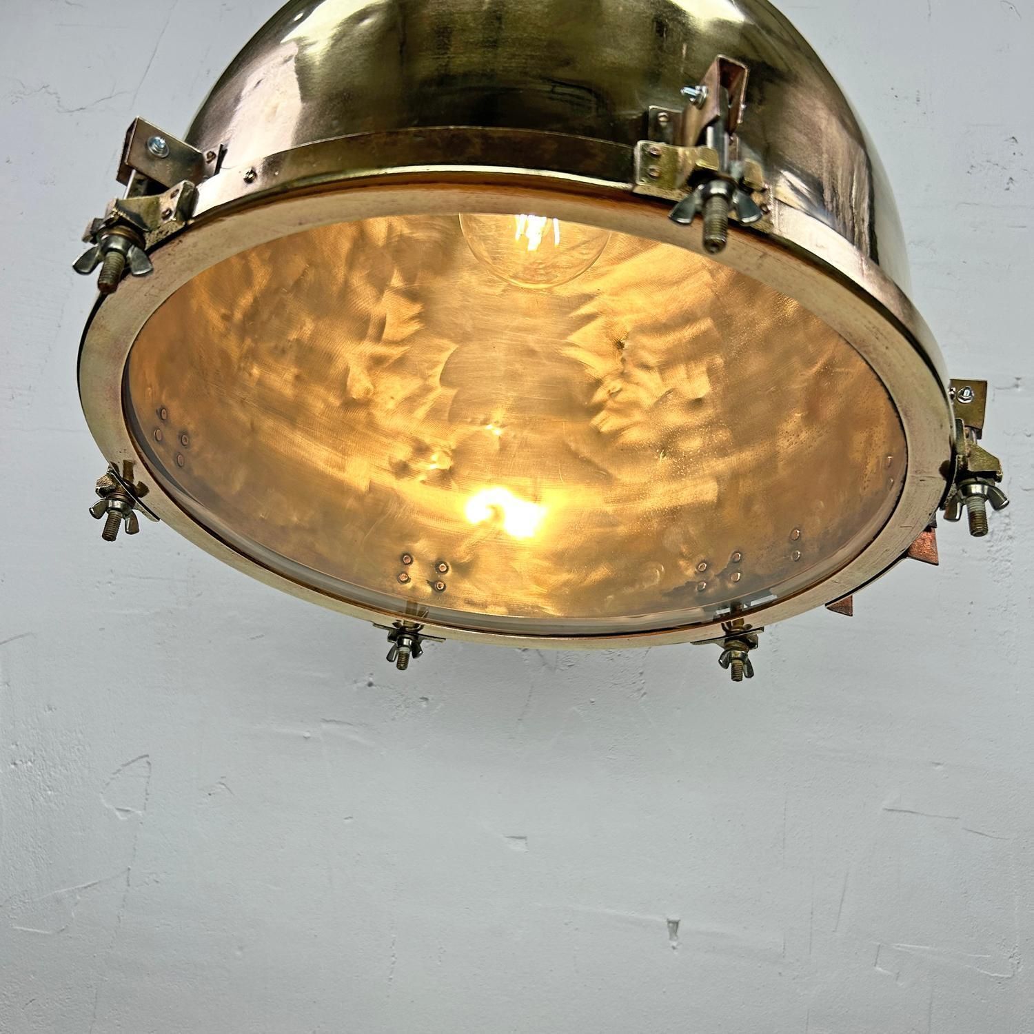 photo for sale 1970's Xl Japanese Brass Marine Nautical Searchlight Pendant Ceiling Lamp