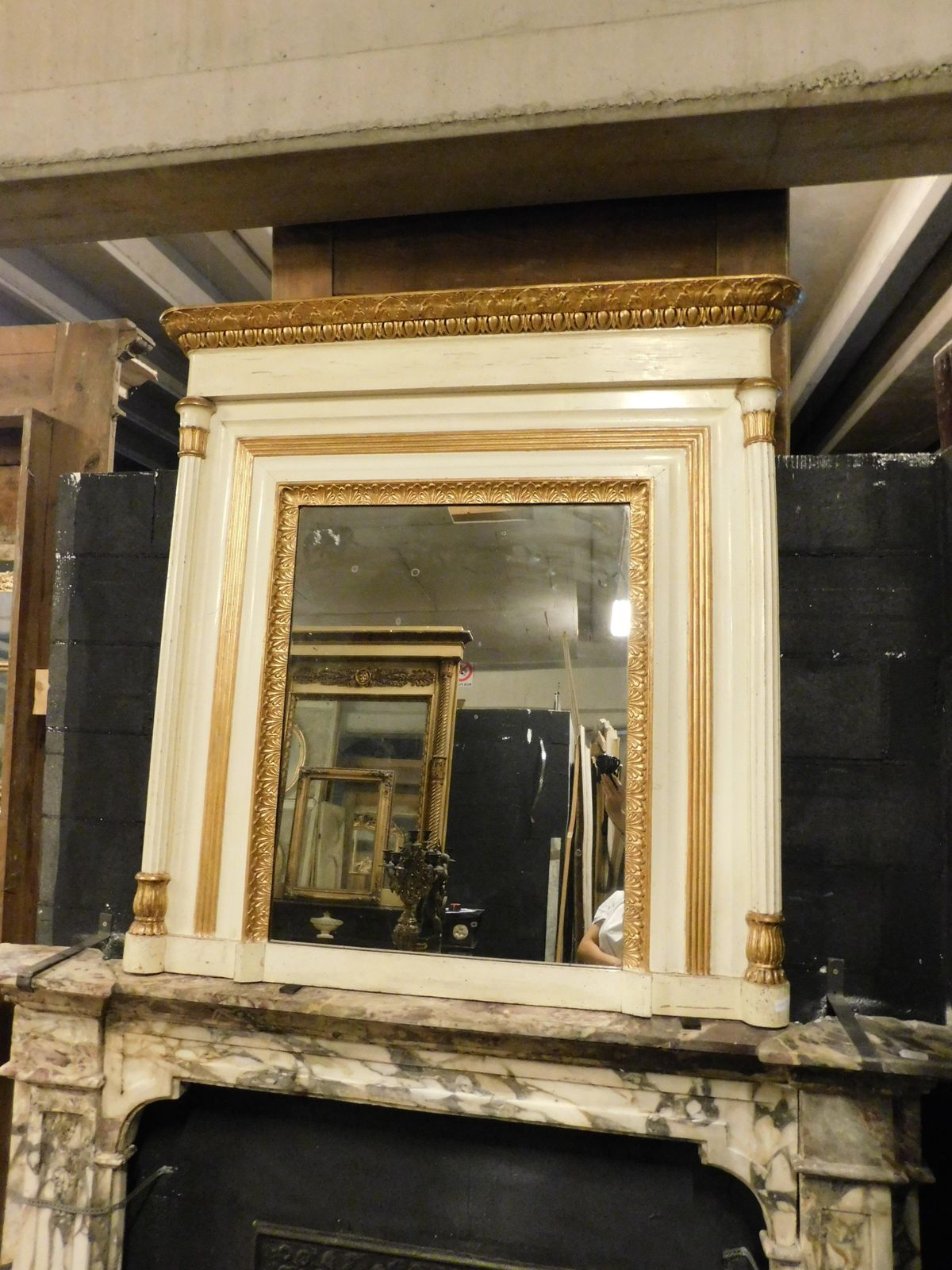 Beige And Gilded Lacquered Wooden Mirror With Carved Side Columns, France photo vinterior