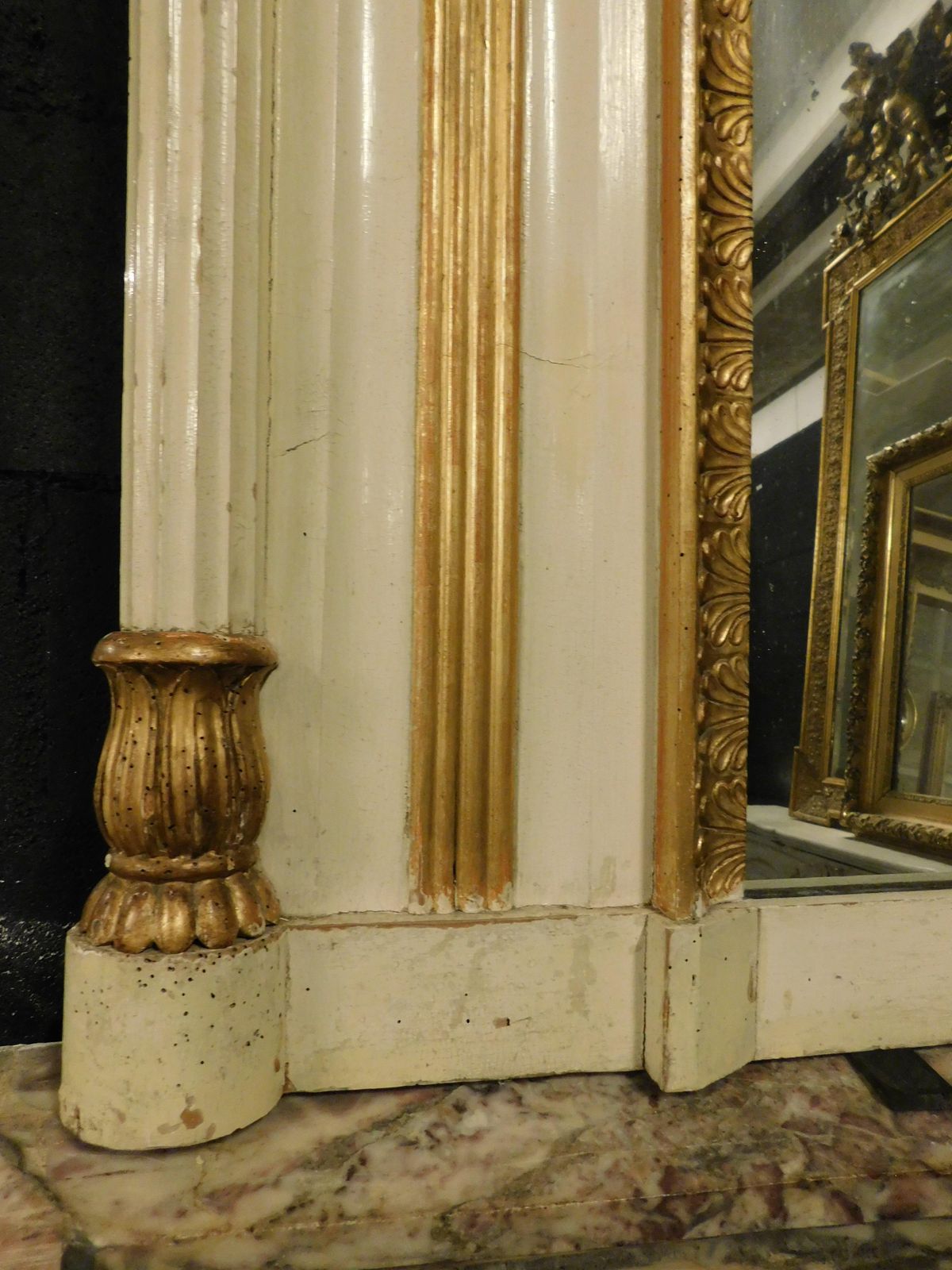 Beige And Gilded Lacquered Wooden Mirror With Carved Side Columns, France photo buy