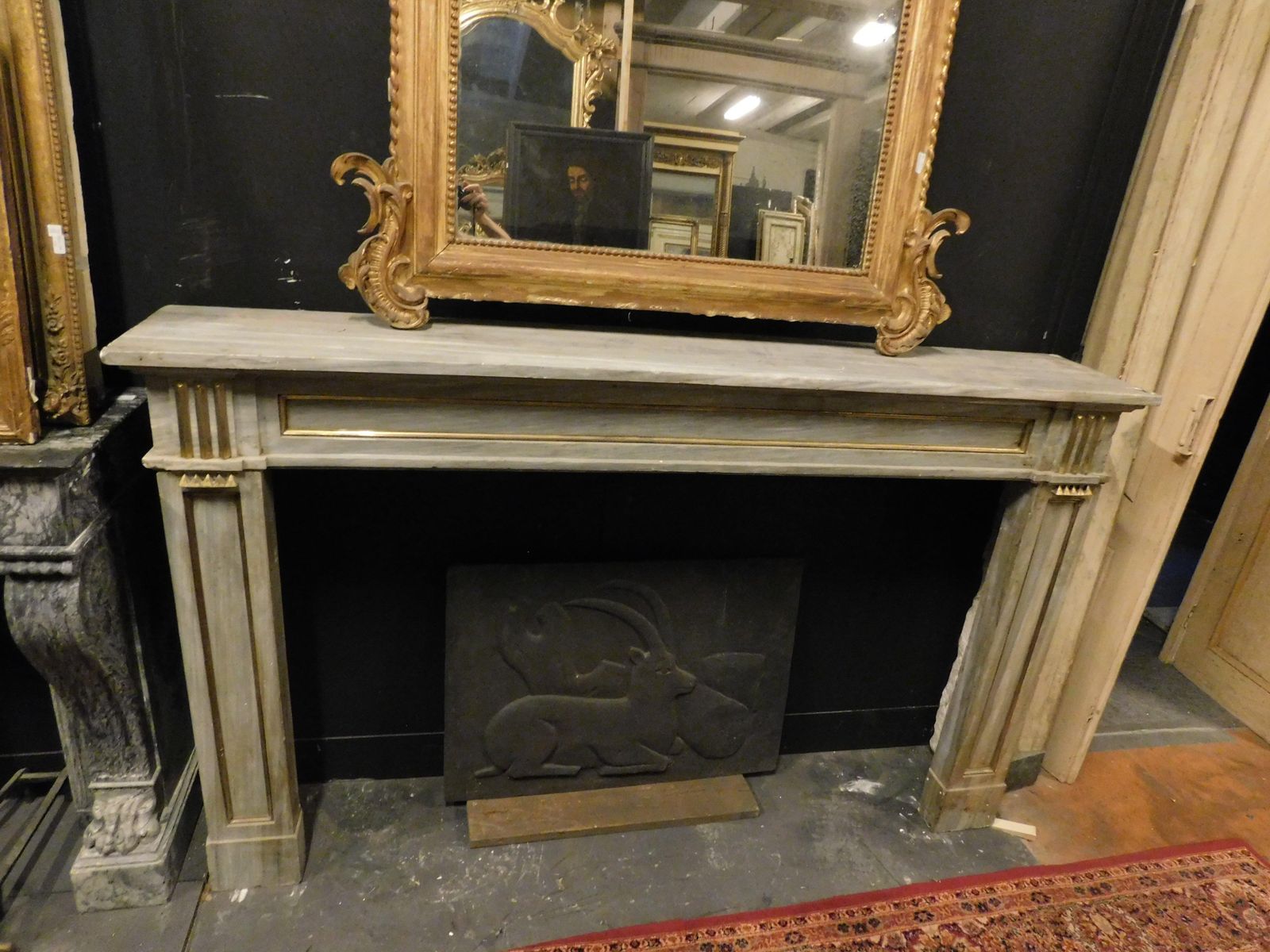 Louis XVI Fireplace Mantel In Grey Marble With Gold Trim, Italy photo vinterior