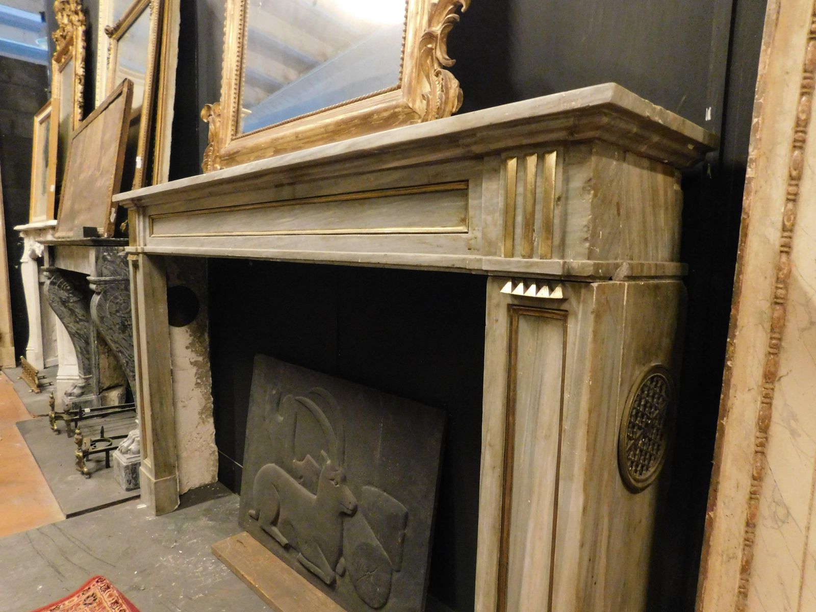 photo furniture Louis XVI Fireplace Mantel In Grey Marble With Gold Trim, Italy