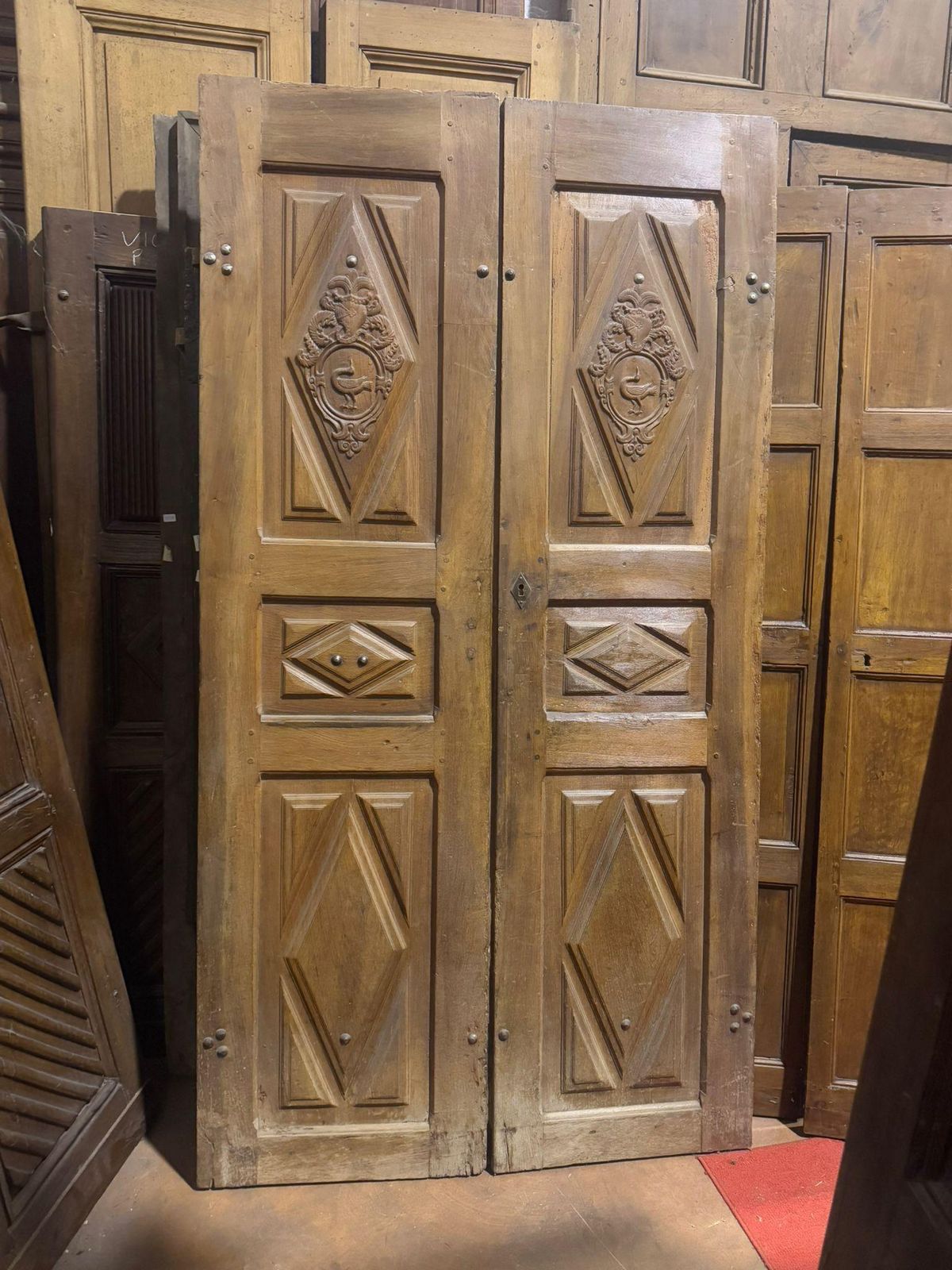 Entrance Door In Walnut, With Two Doors And Carved Panels, Italy photo for sale
