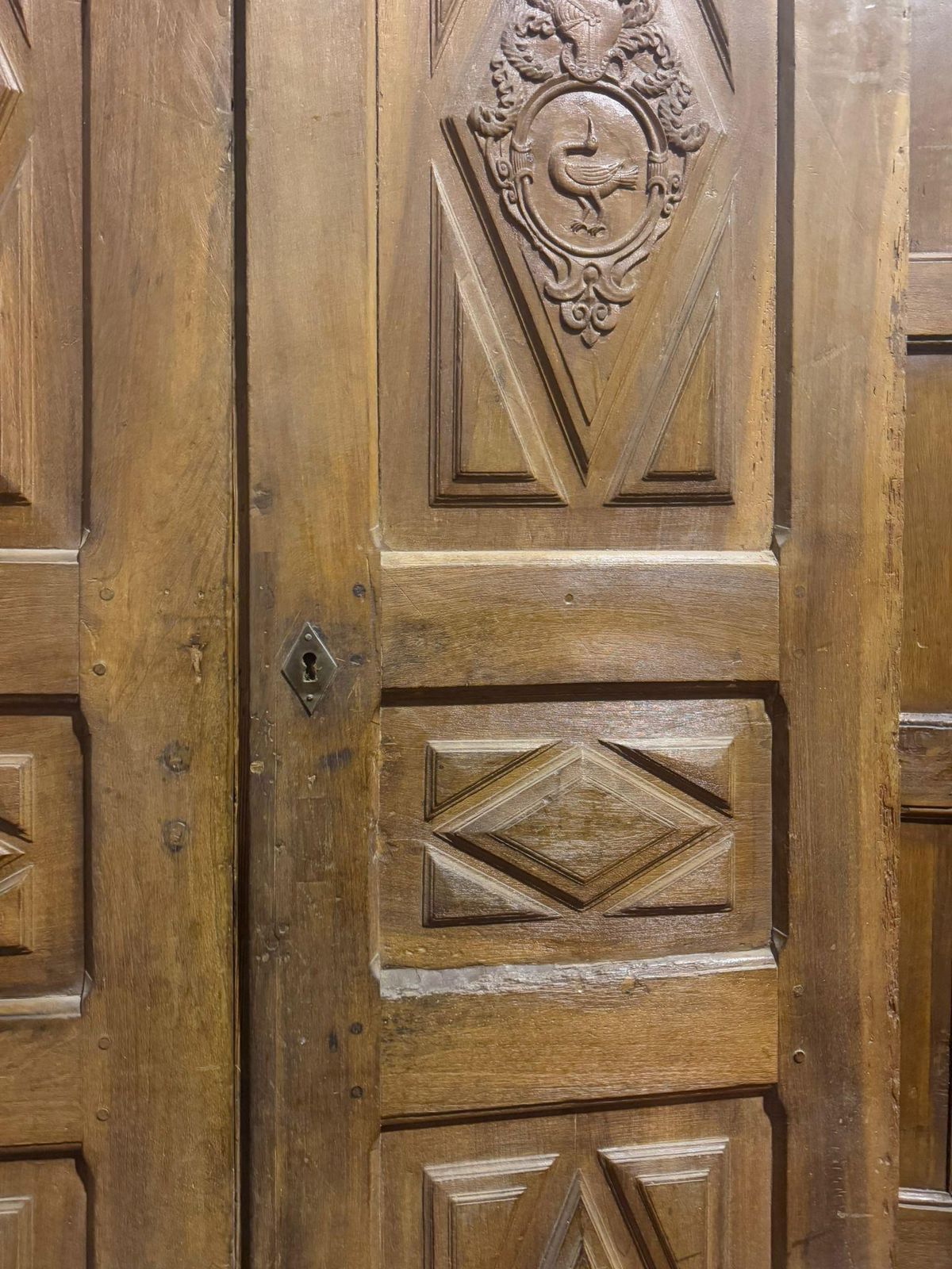 Entrance Door In Walnut, With Two Doors And Carved Panels, Italy photo Home Fixtures