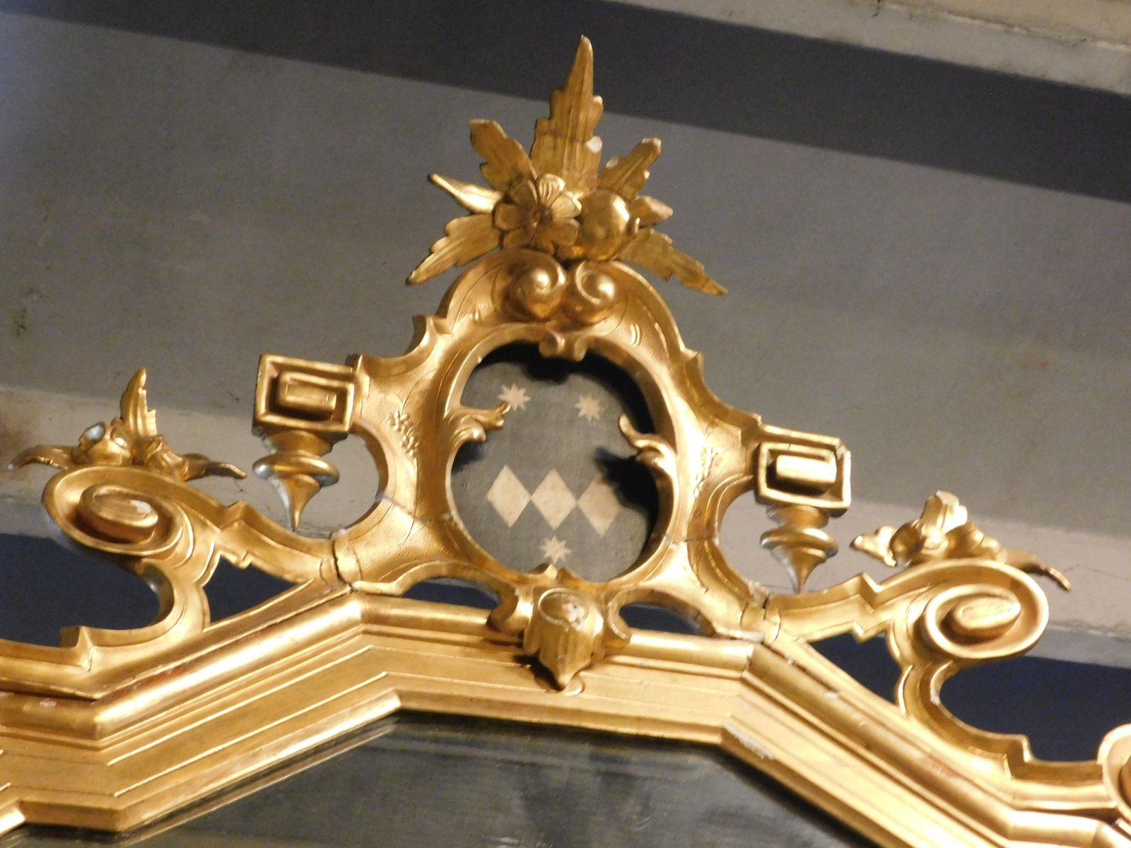 Home Decor Large Gilded Wooden Mirror With Carved Top Centered By A Coat Of Arms, Italy photo