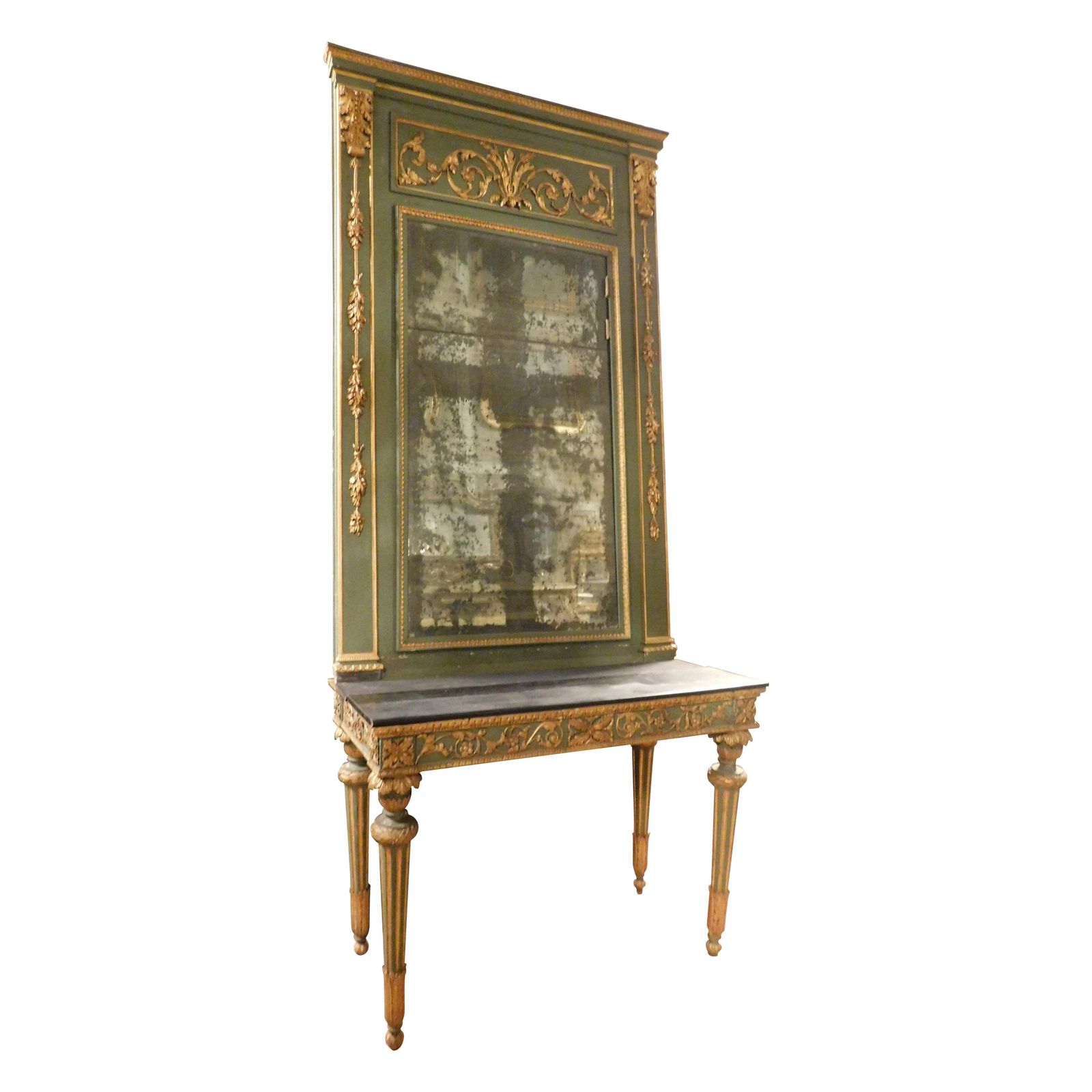 Green And Gold Lacquered Console Complete With Mirror And Table, France