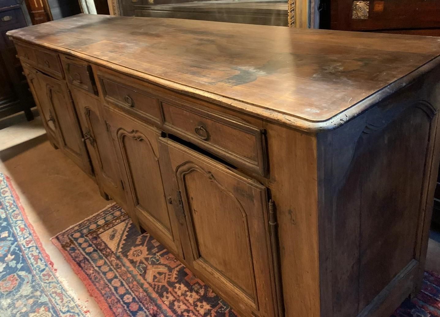 Low Sideboard In Walnut Wood, Five Carved Panel Doors And Five Drawers, France photo vinterior
