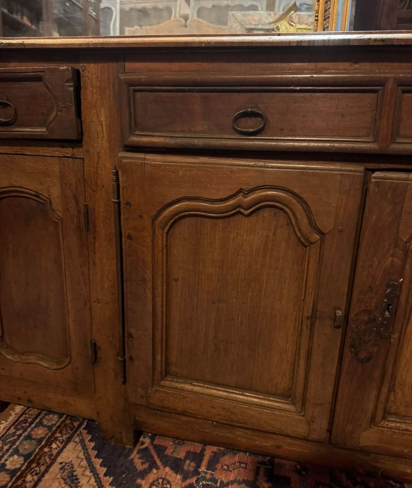 photo furniture Low Sideboard In Walnut Wood, Five Carved Panel Doors And Five Drawers, France